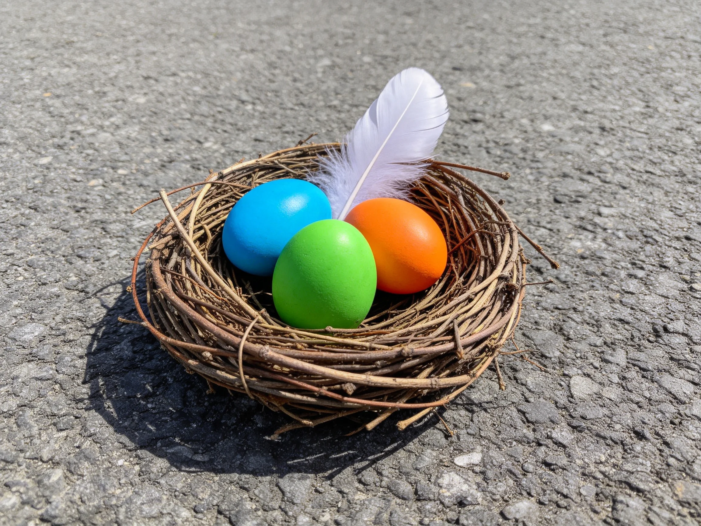 A twig nest holds blue, green, orange eggs and a white feather on pavement