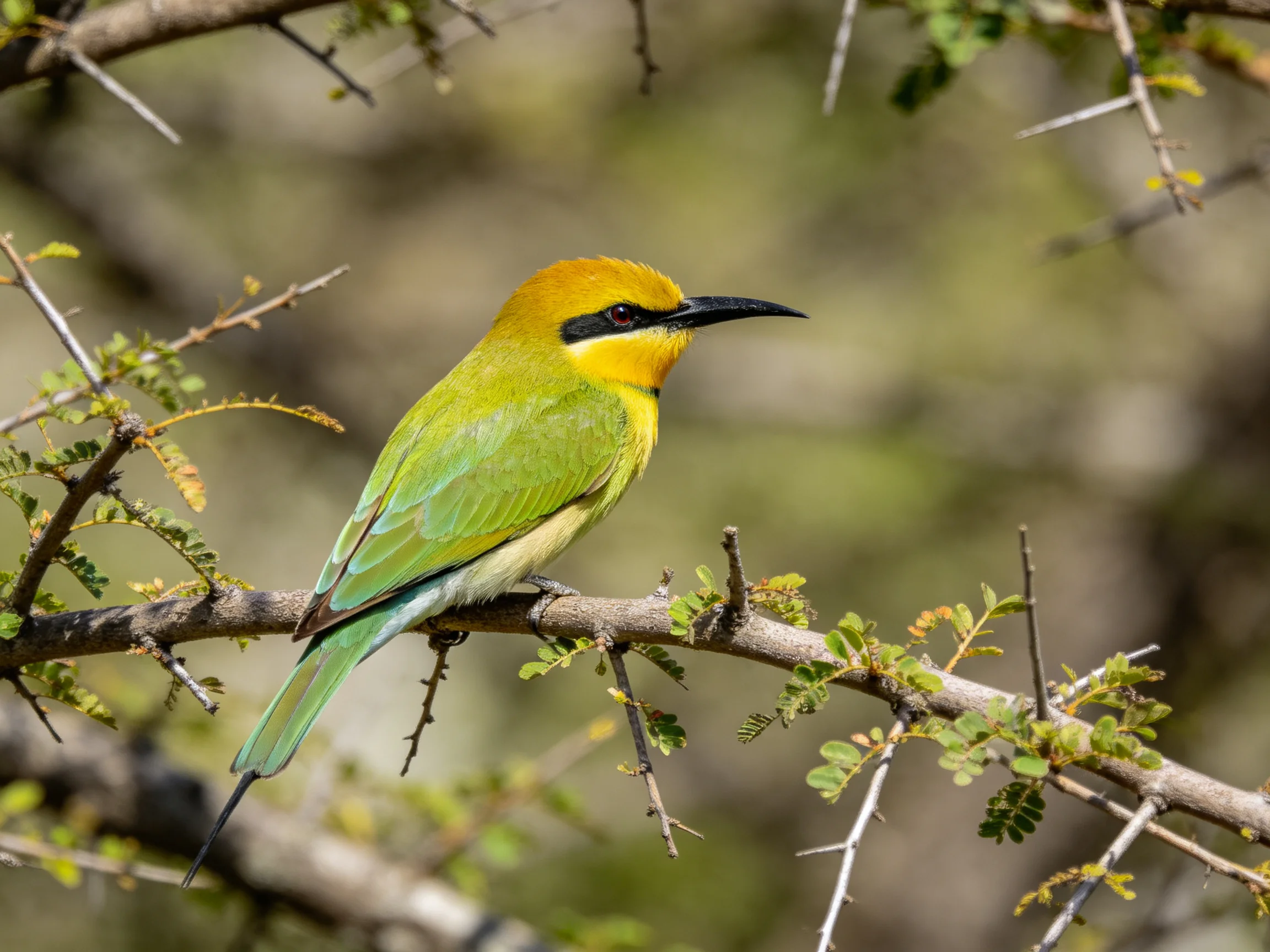 A vibrant bee-eater with yellow and green plumage perched on a thorny branch