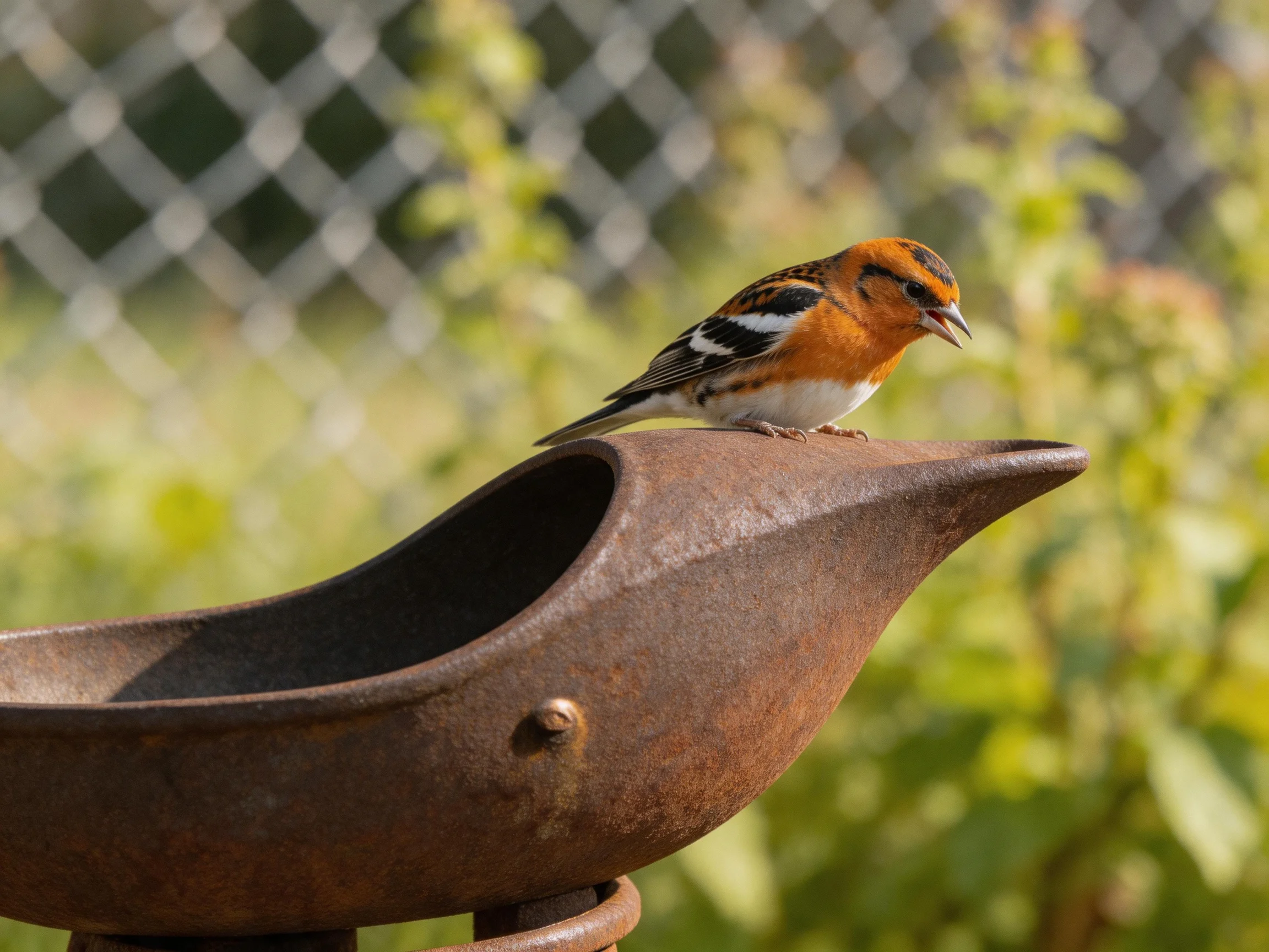 A vibrant bird perches on a rusted metal container outdoors