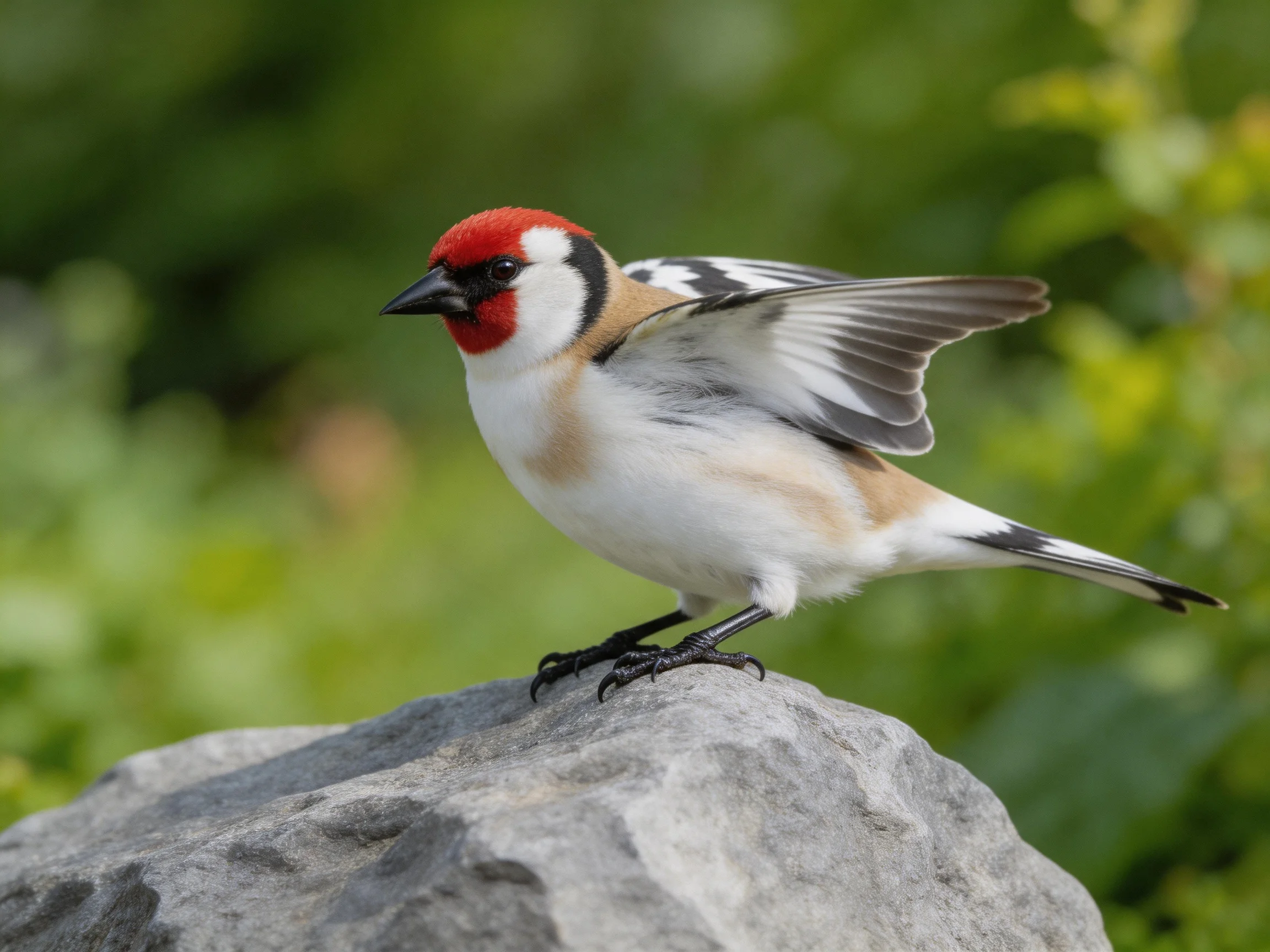 A vibrant bird with red head, white chest, perched on gray rock