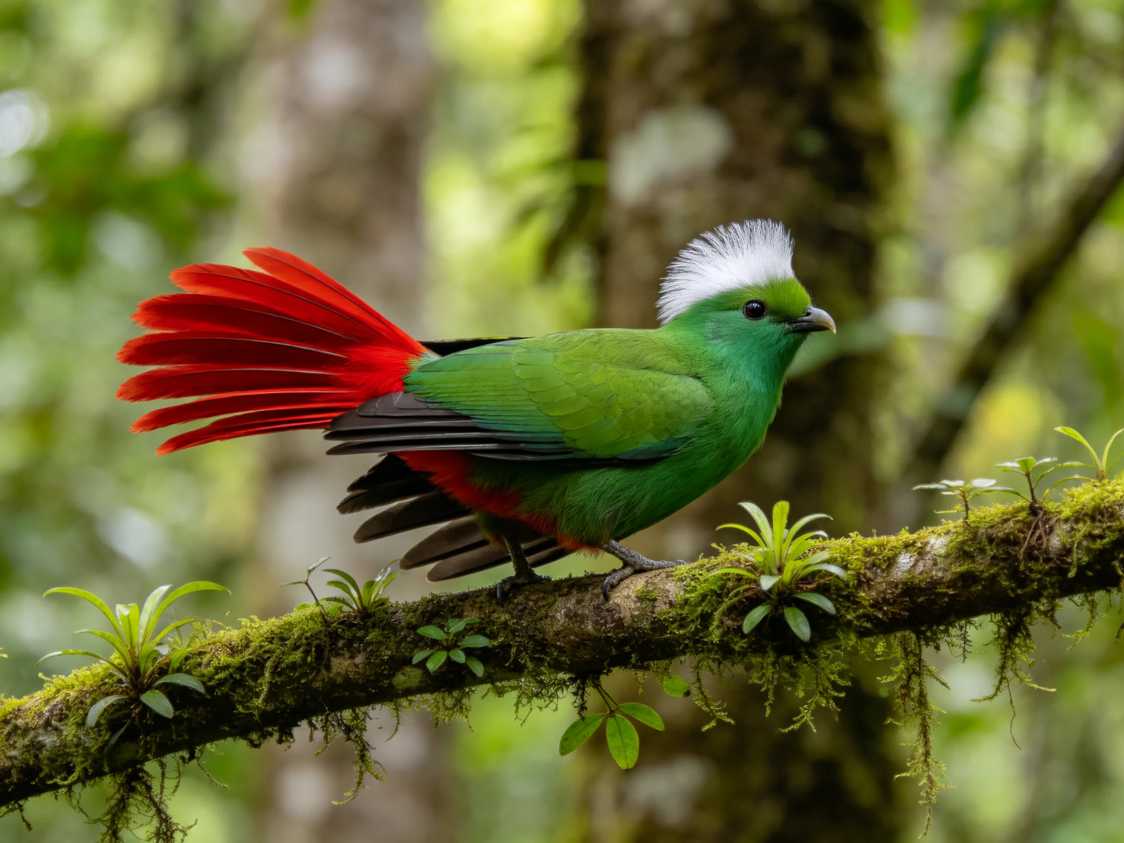 A vibrant bird with red tail, white crest, on mossy branch