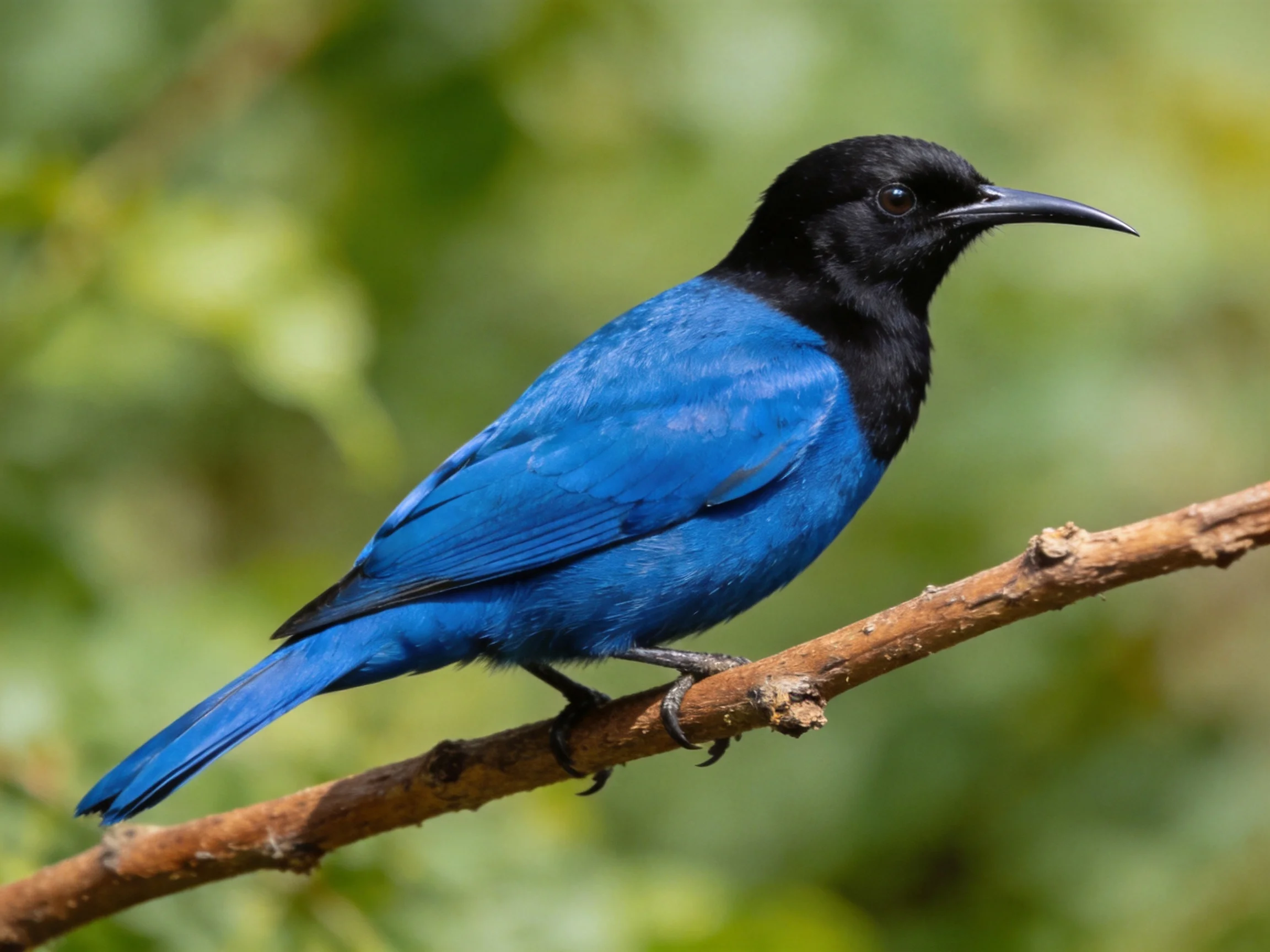 A blue and black bird rests on a brown branch amid green foliage.