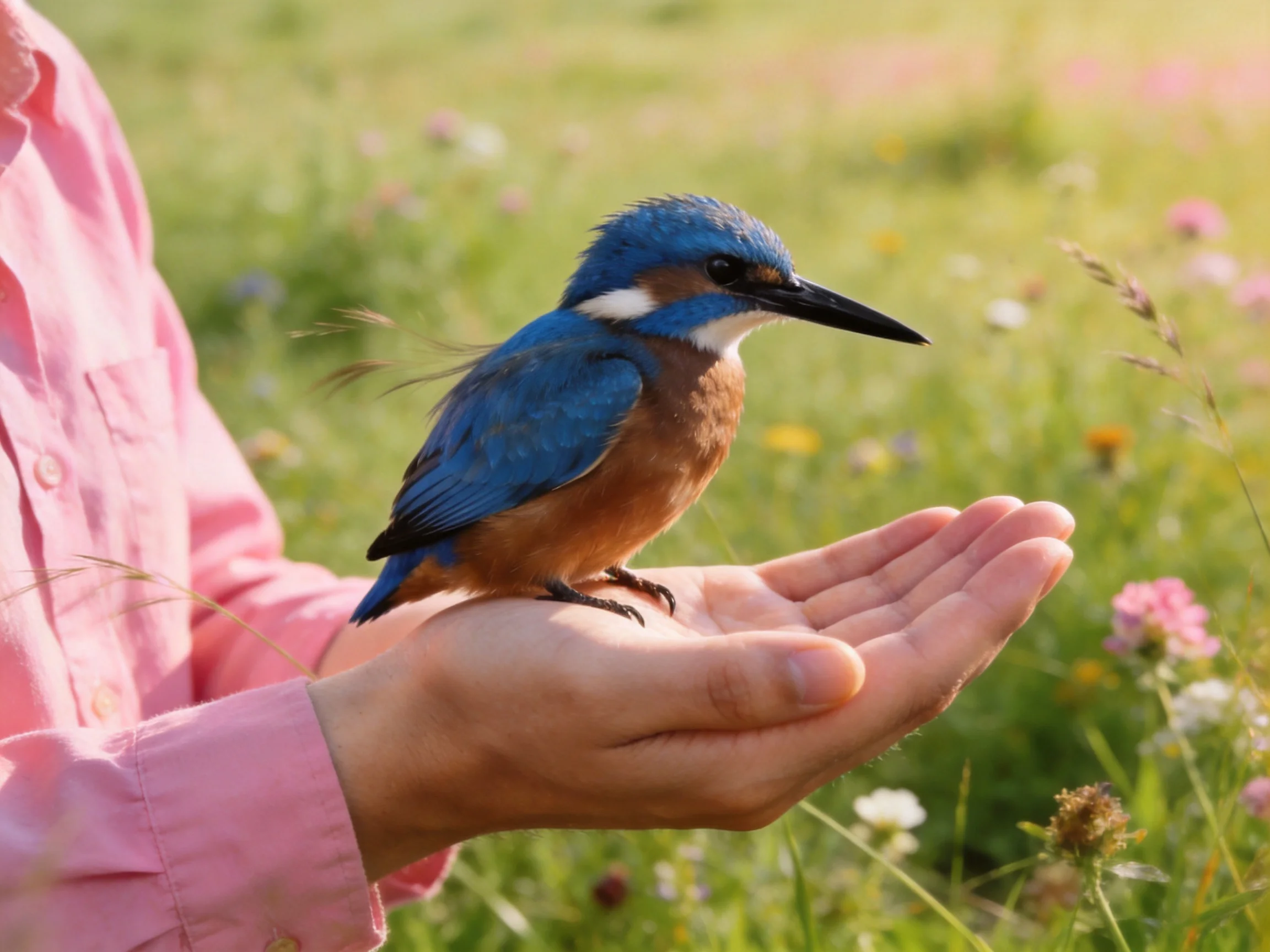 A vibrant blue and brown kingfisher perched on open hands in a flowered meadow