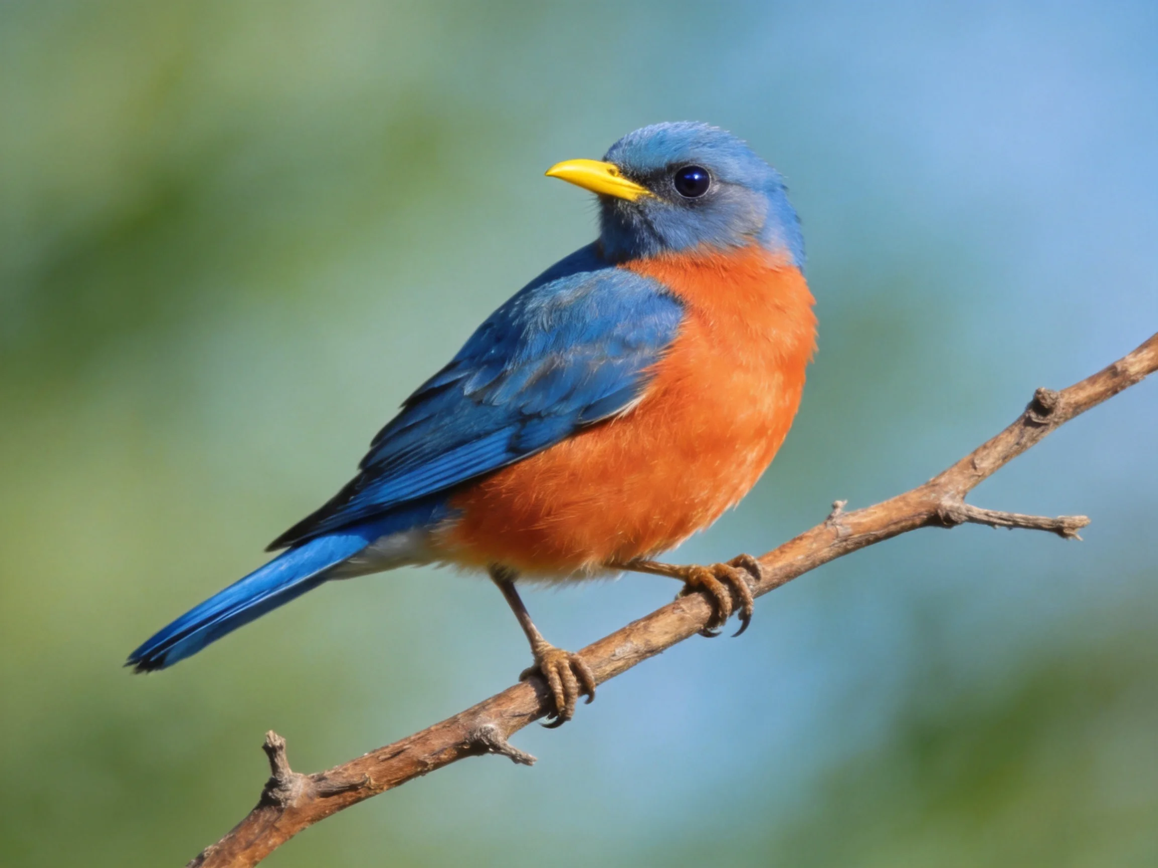 A vibrant blue and orange bird perched on a bare tree branch