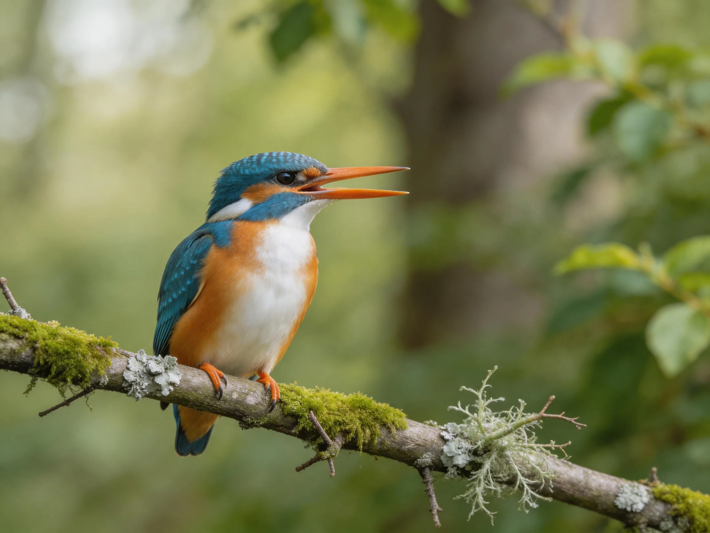 A colorful kingfisher perches on a mossy branch in a forest setting.