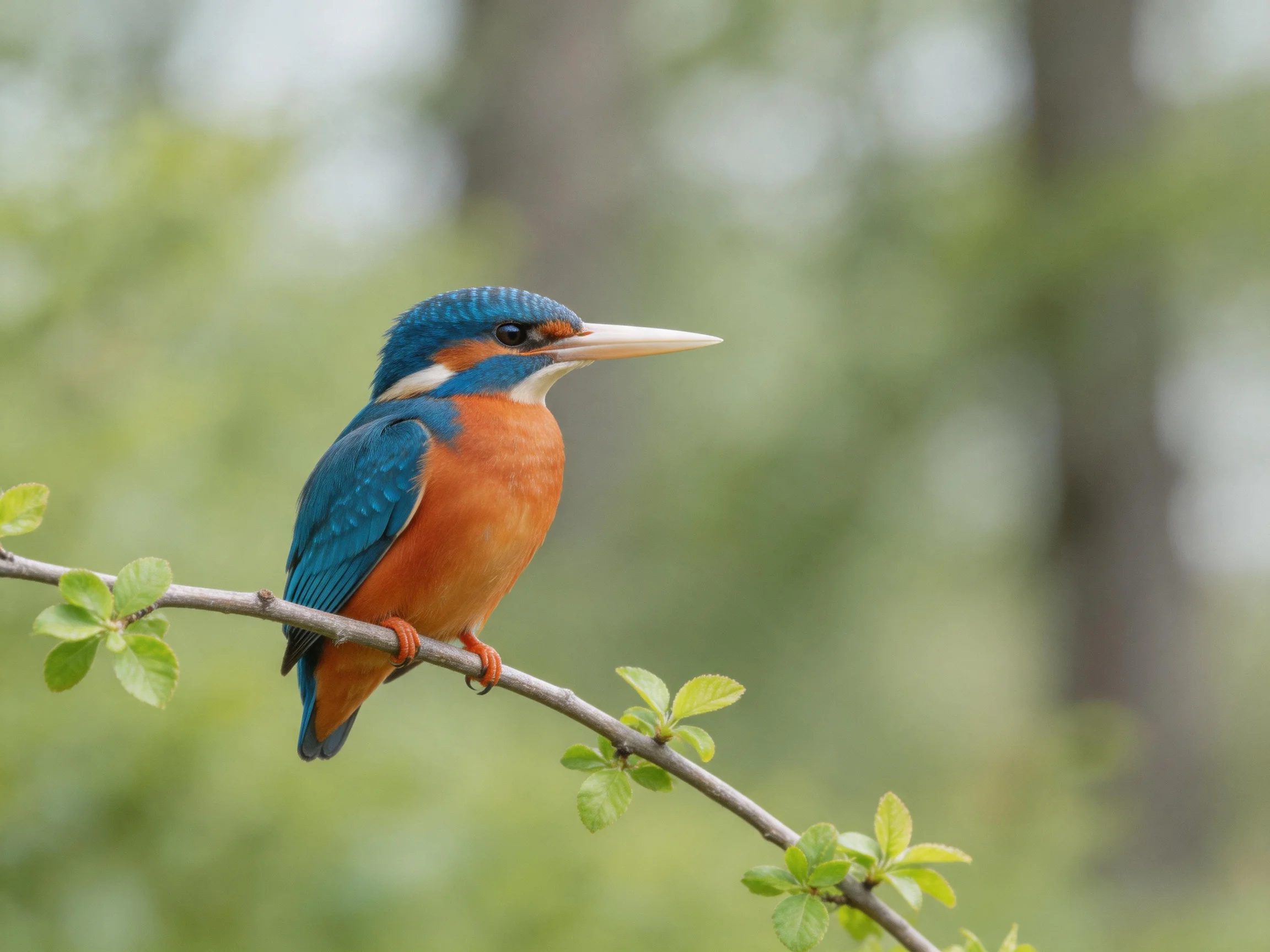A vibrant blue and orange kingfisher perched on a leafy branch