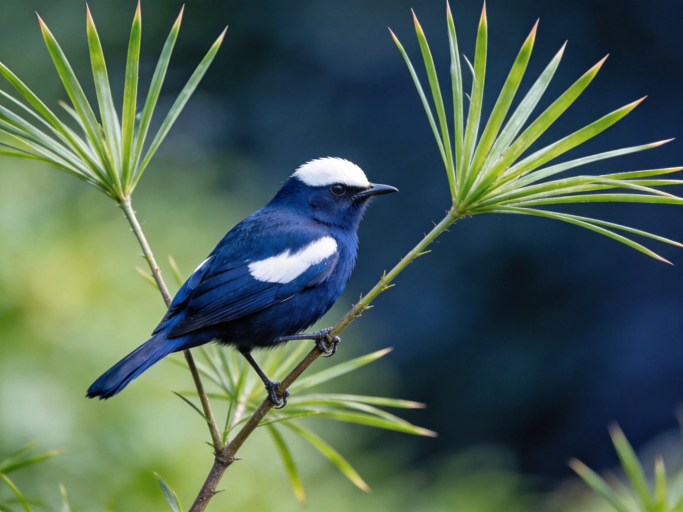 A vibrant blue and white bird perches on slender green foliage