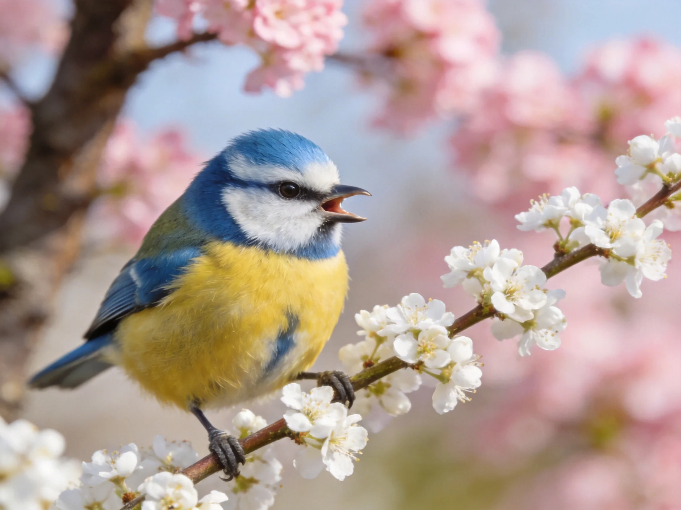 A vibrant blue and yellow bird perched among white and pink blossoms