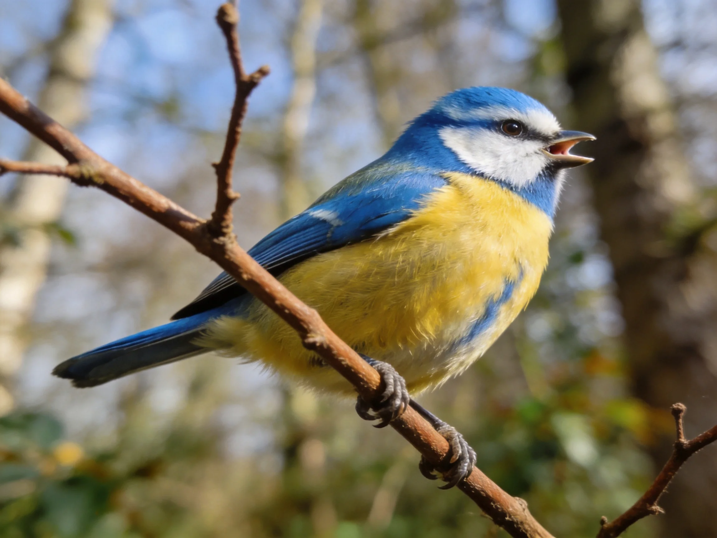 A vibrant blue and yellow bird perched on a bare tree branch