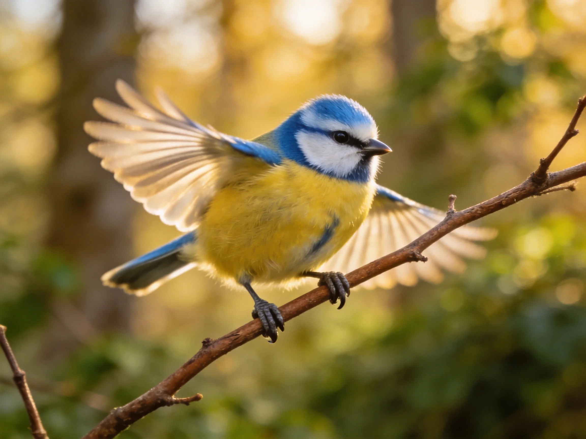 A vibrant blue and yellow bird perched on a branch with outstretched wings