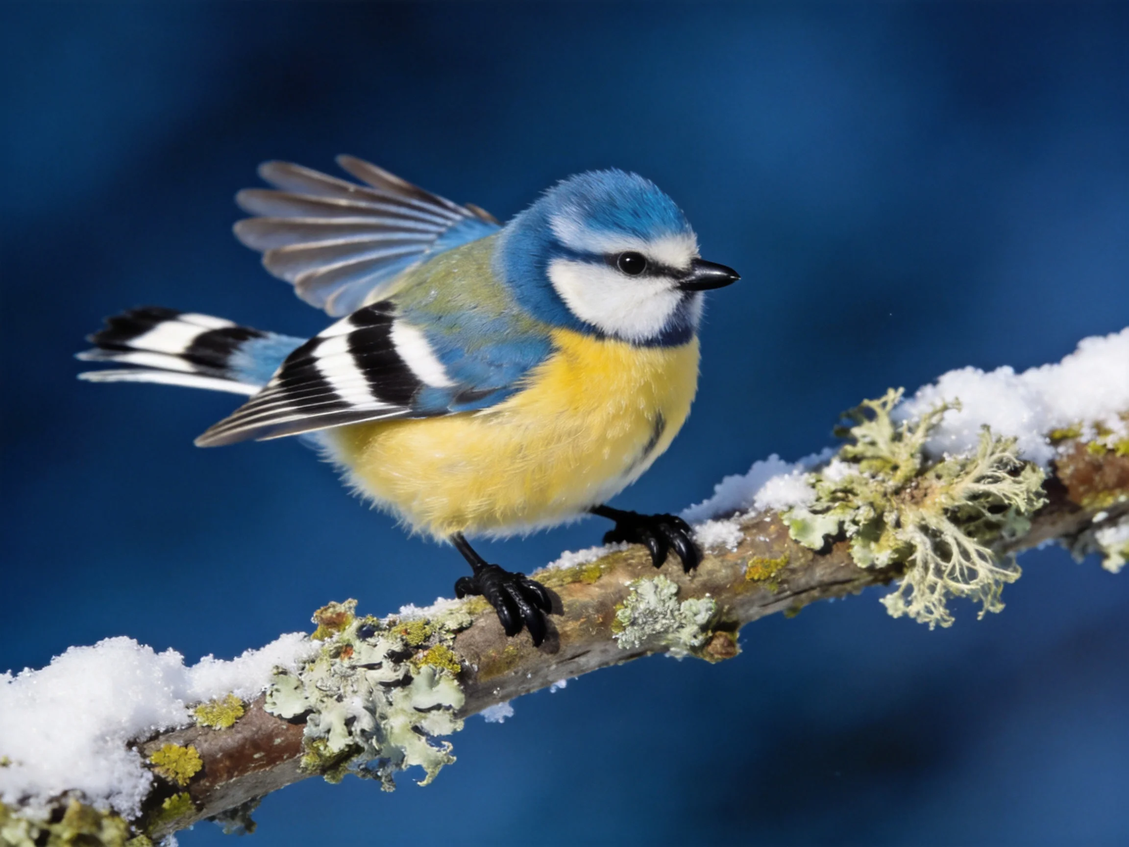 A vibrant blue and yellow bird perched on a snow-dusted lichen-covered branch