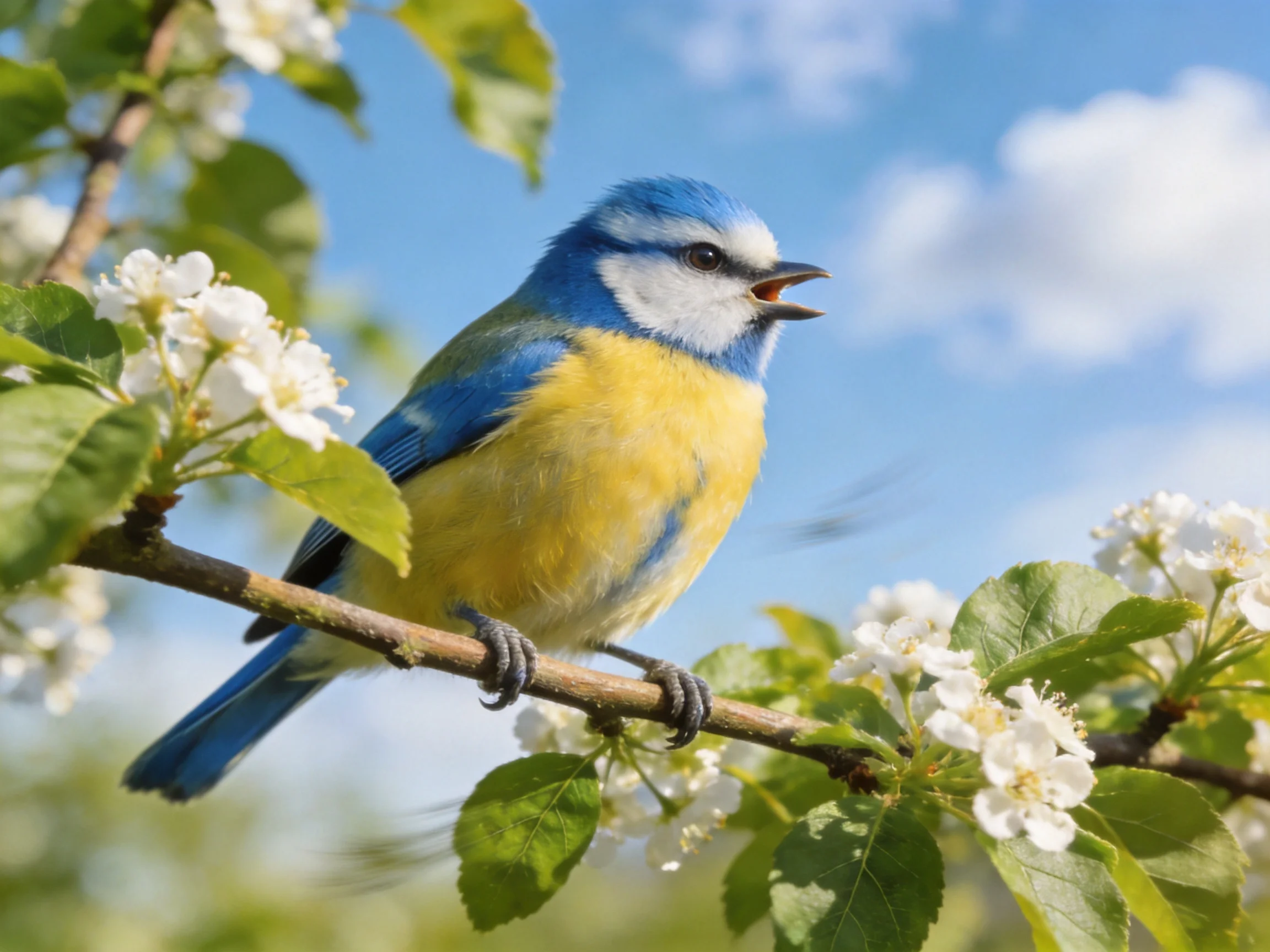 A colorful bird sits on a flowering branch under a clear sky.