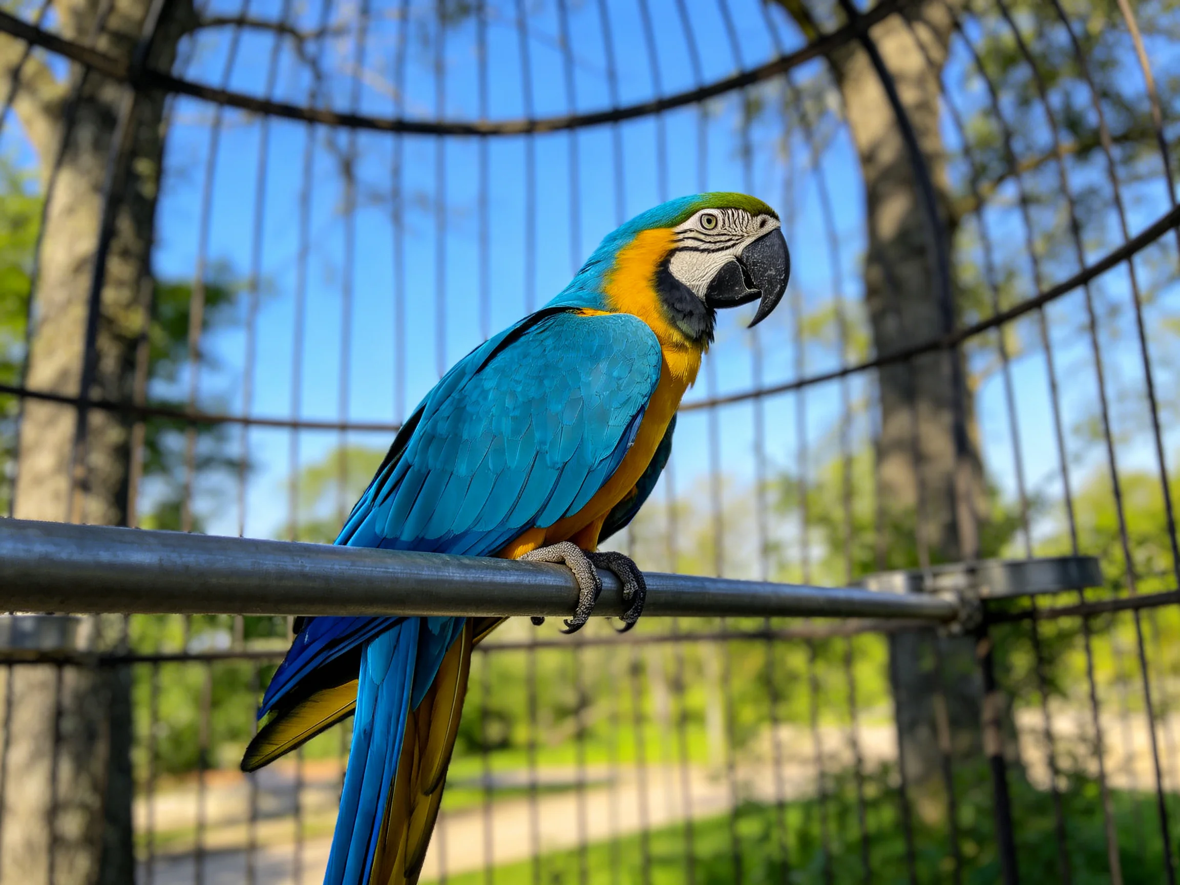A vibrant blue and yellow macaw perches on a metal bar inside an open-air enclosure.