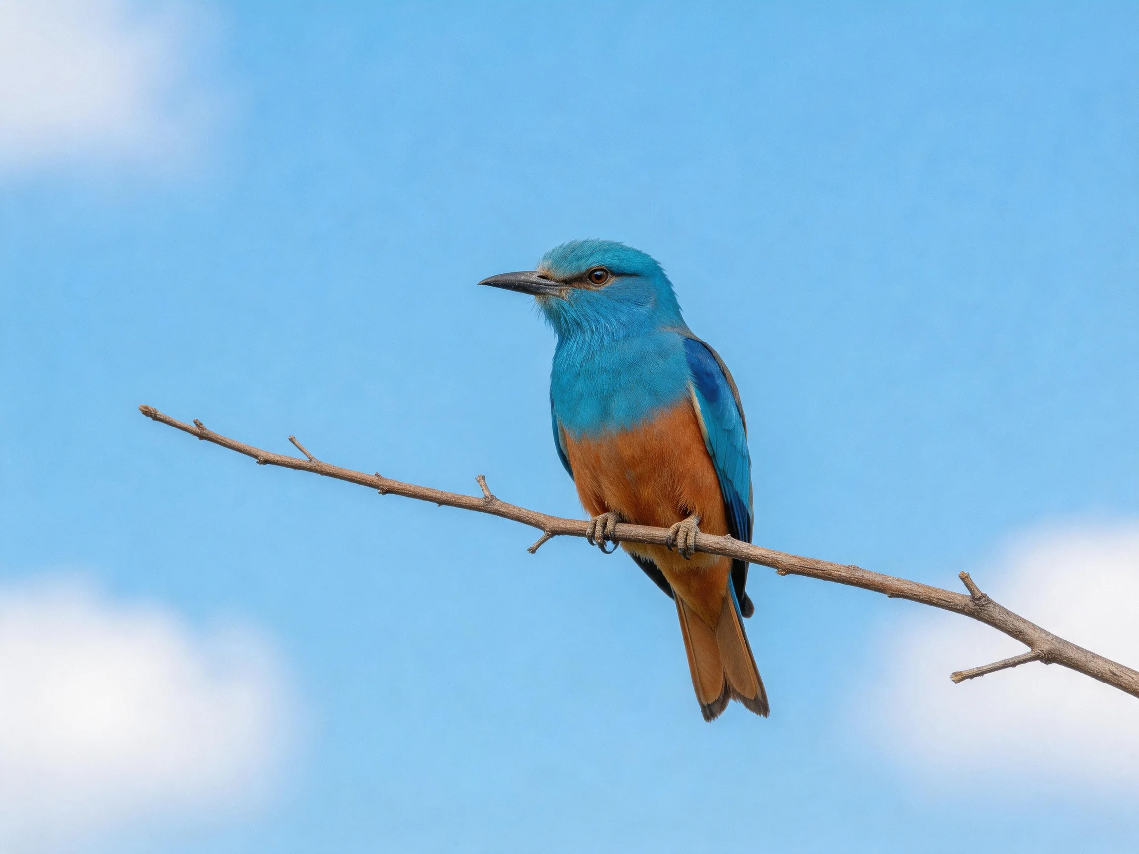 A vibrant blue bird perched on a bare tree branch