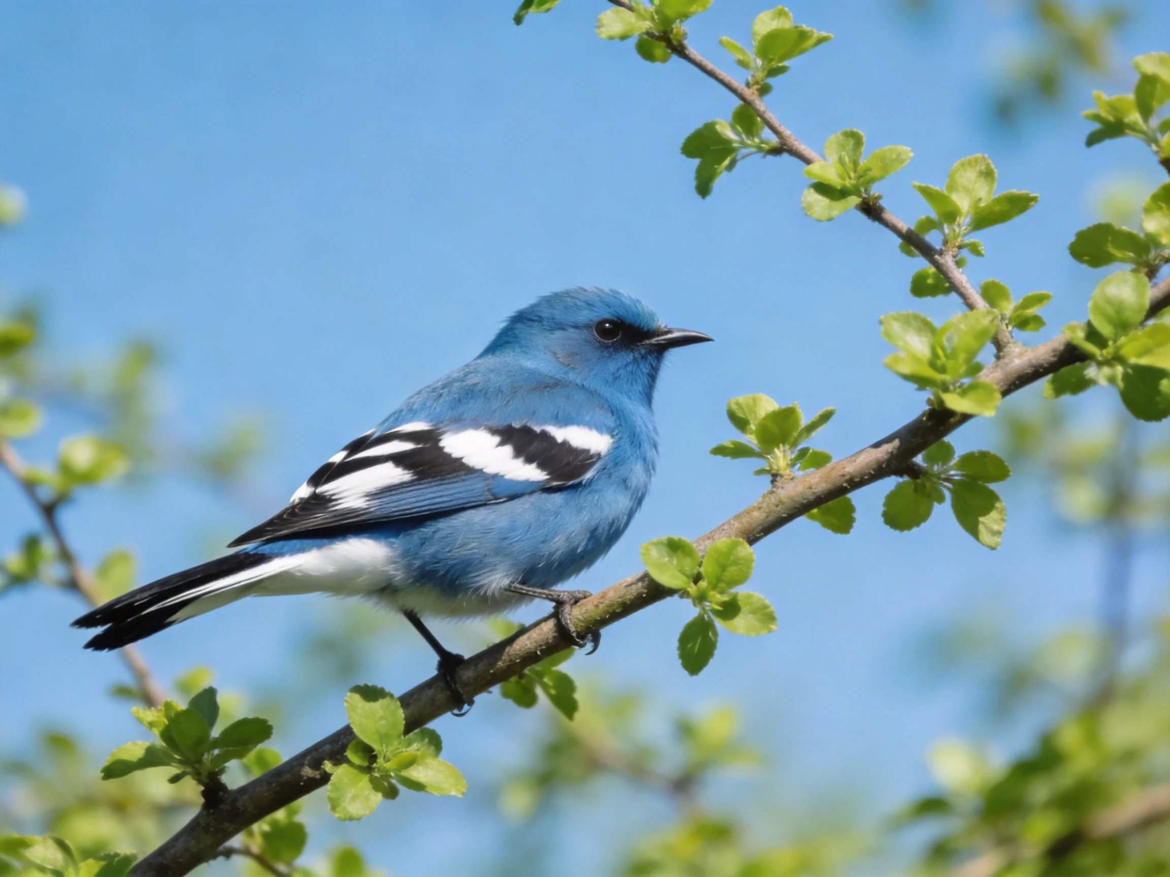 A vibrant blue bird perched on a leafy tree branch