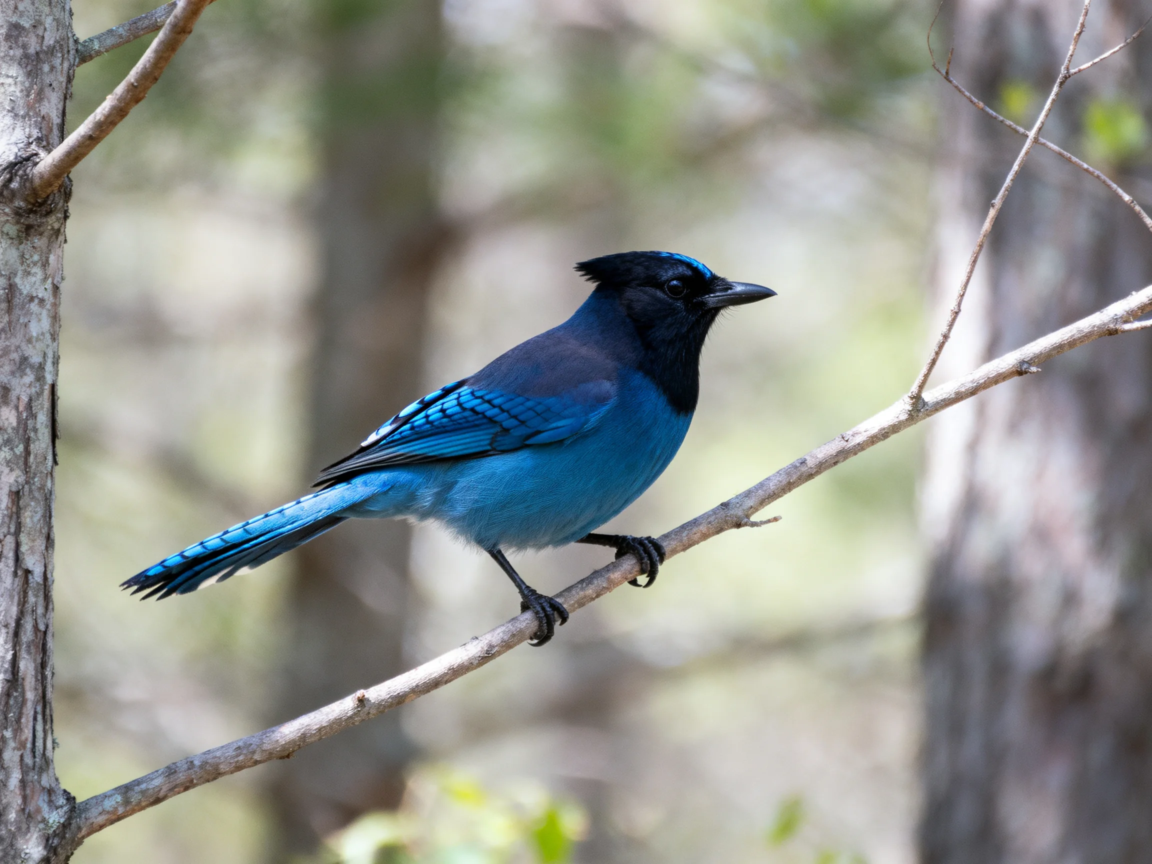 A vibrant blue bird perched on a slender tree branch