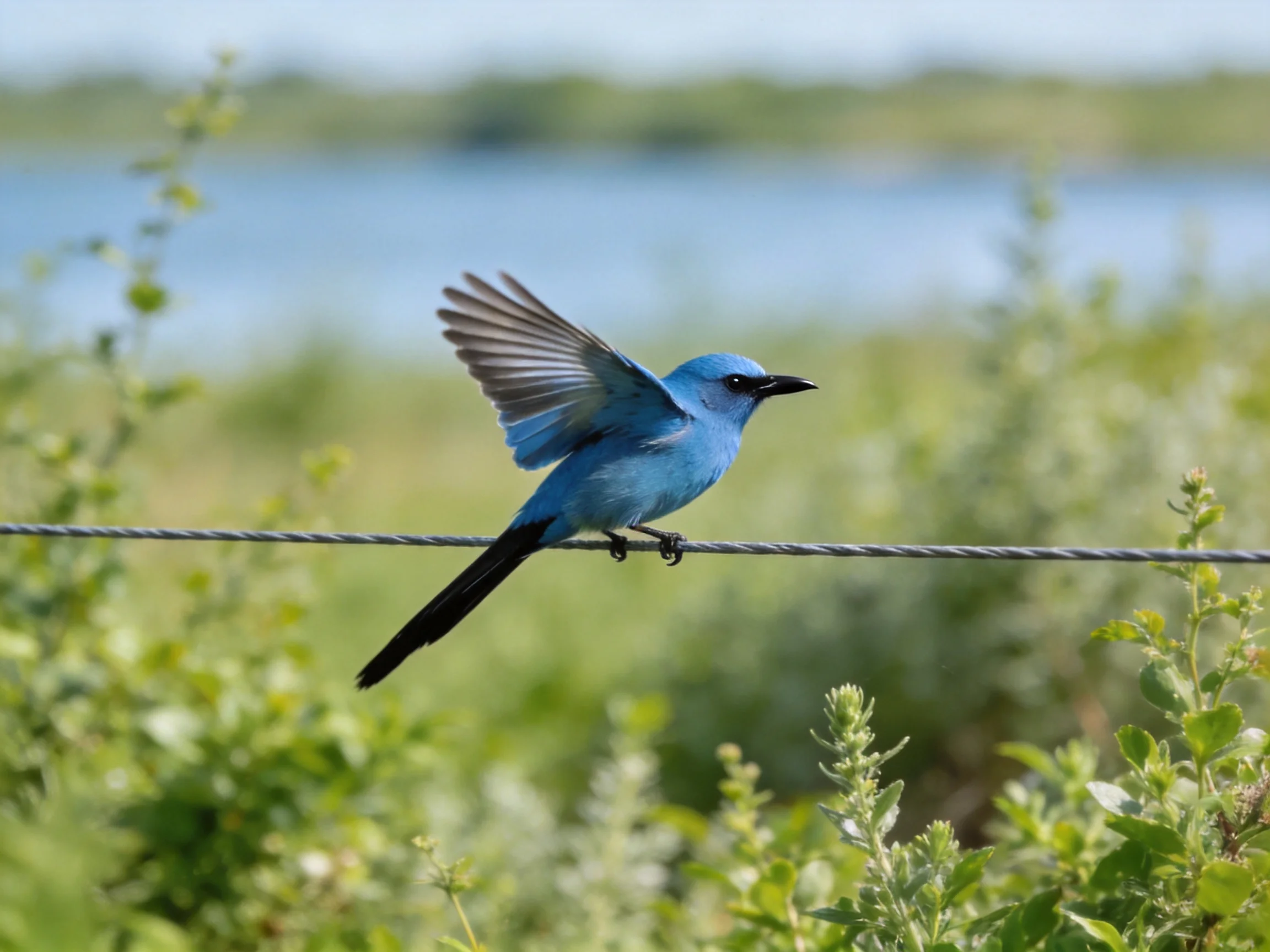 A vibrant blue bird perched on a wire near lush vegetation