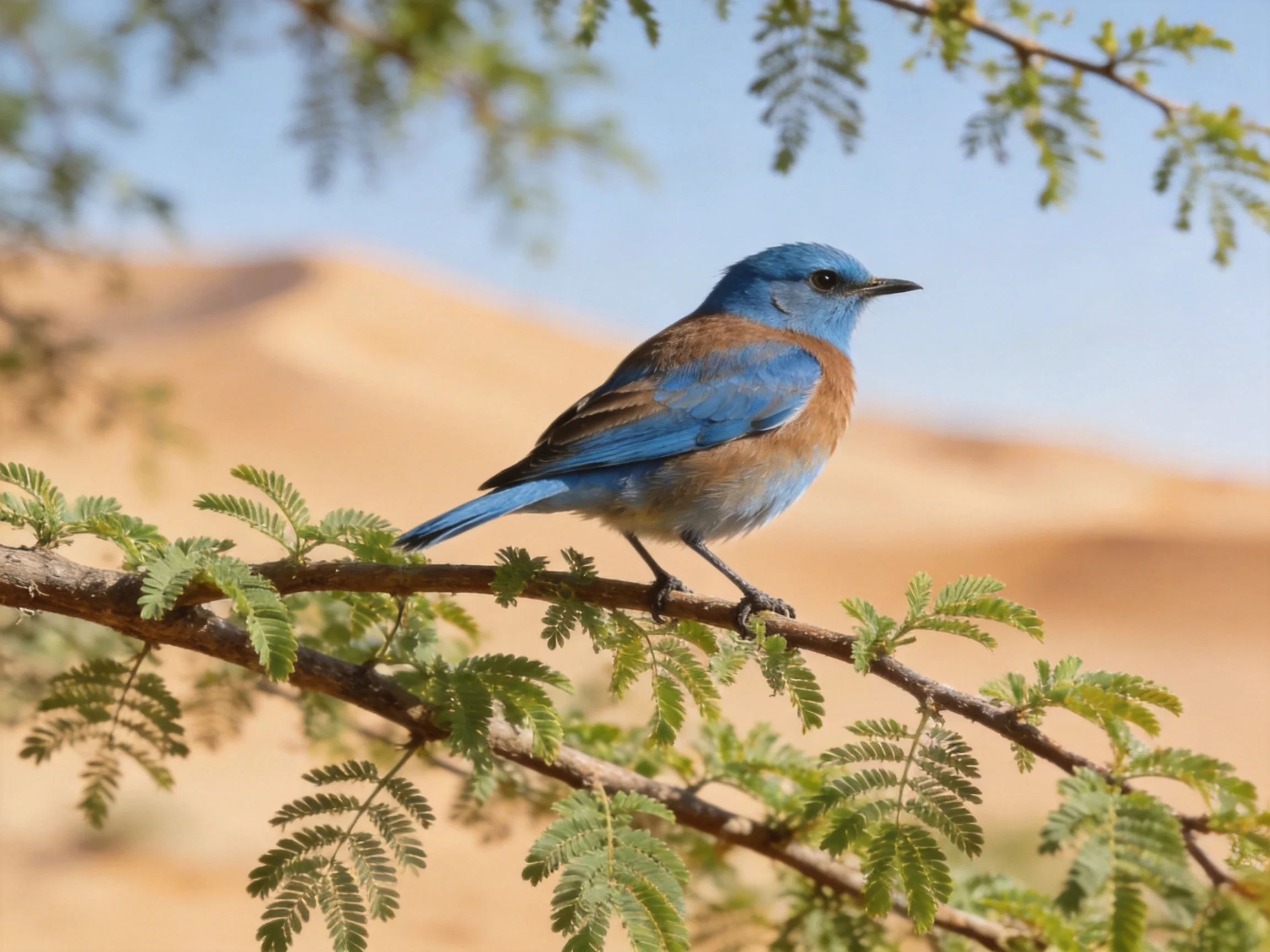 A vibrant blue bird perches on a leafy branch near sandy hills