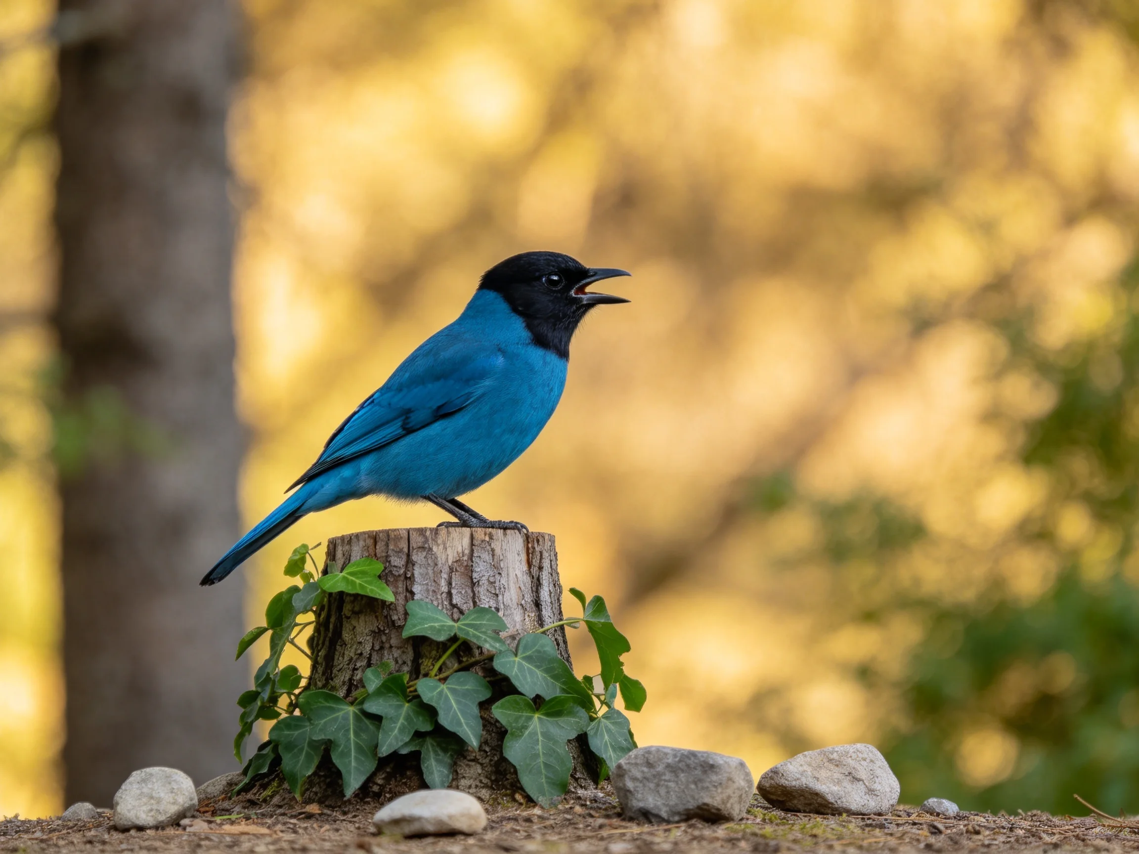 A vibrant blue bird perches on an ivy-covered tree stump