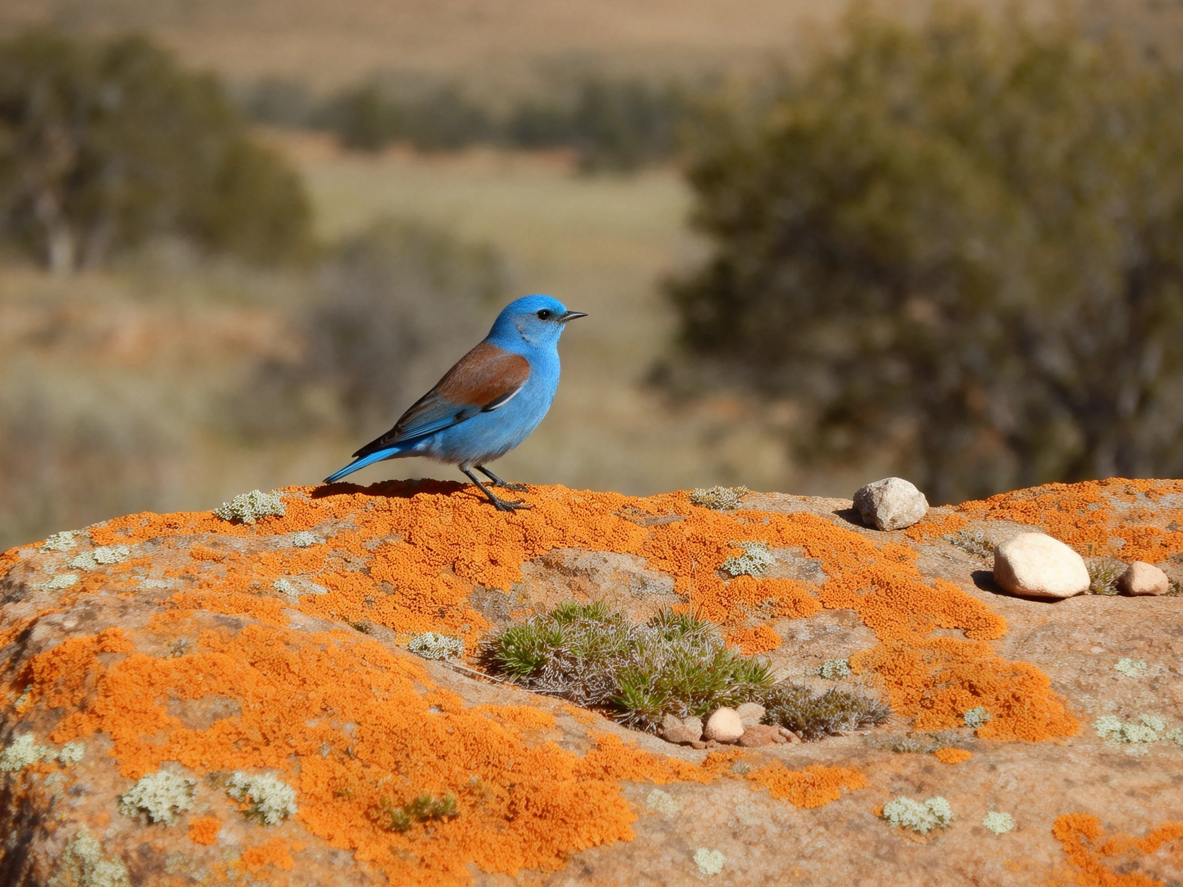 A vibrant blue bird perches on an orange-lichen-covered rock formation