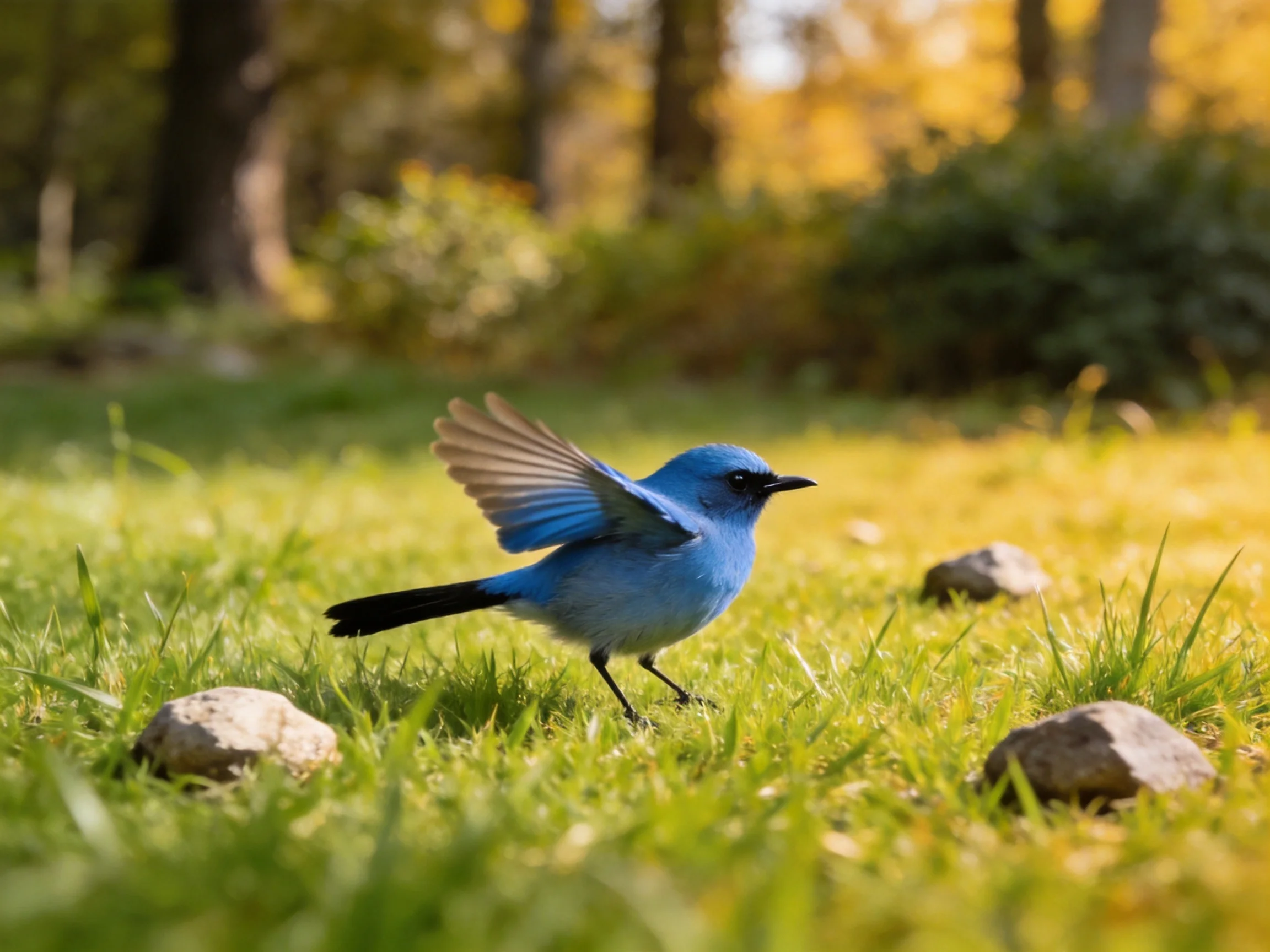 A vibrant blue bird spreads wings on sunlit grass near rocks