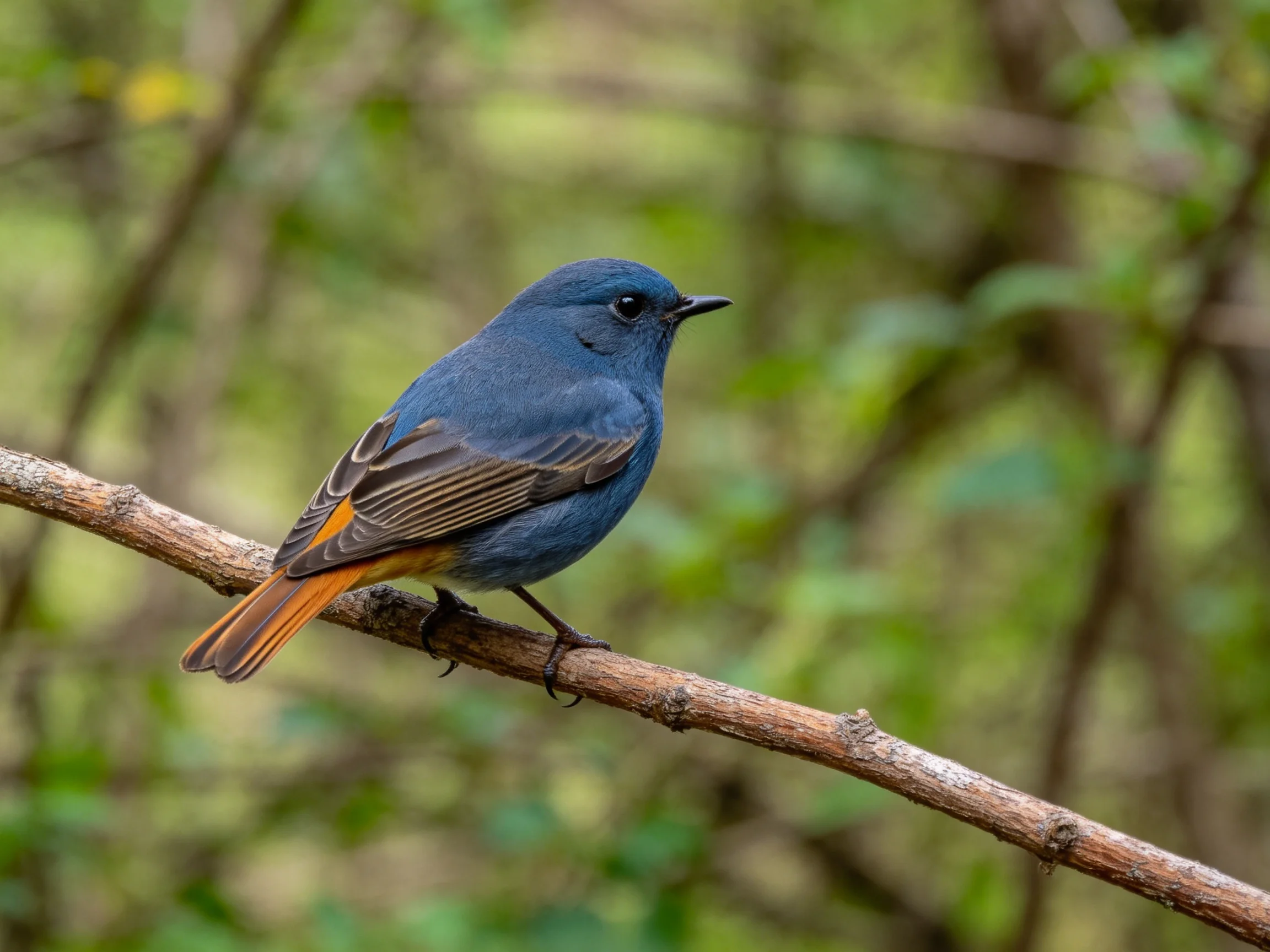 A small blue bird with an orange tail sits on a tree branch amidst lush greenery.