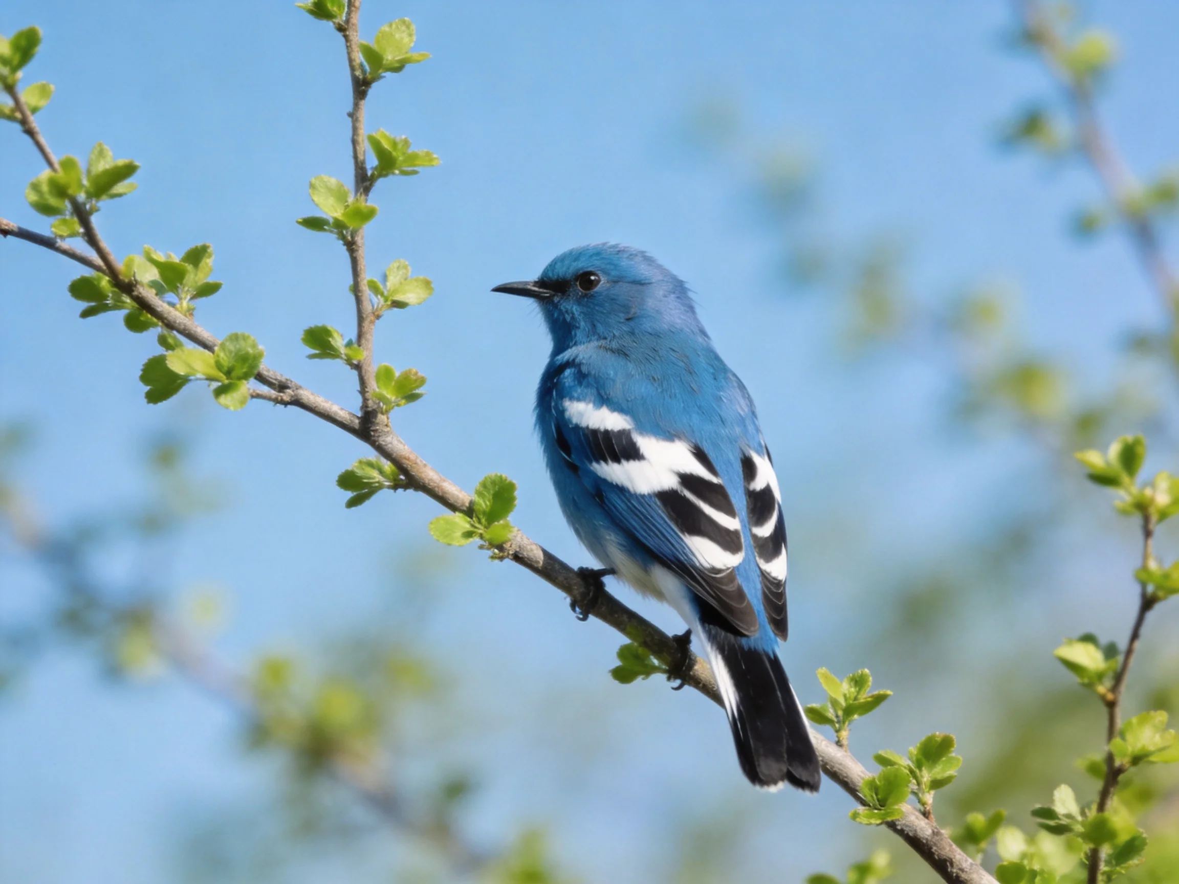 A blue bird with patterned wings rests on a leafy branch under a clear sky.