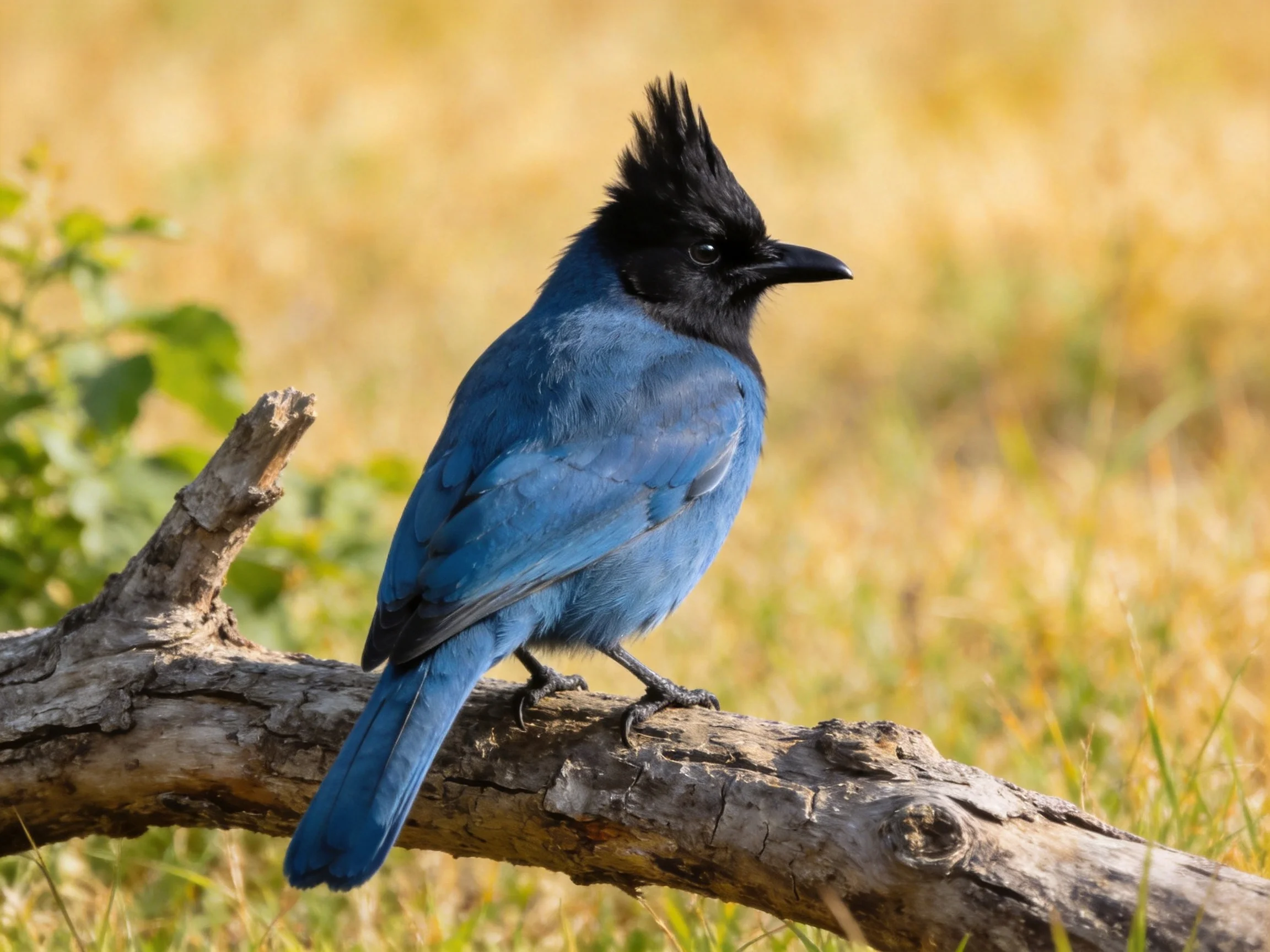 A vibrant blue bird with black crest perched on a weathered branch