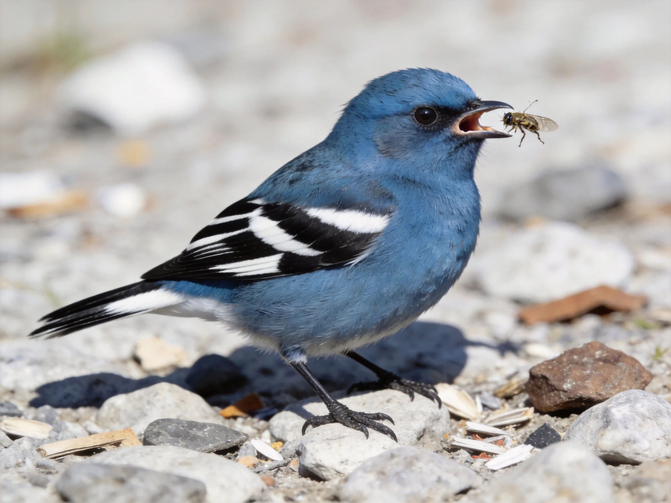A vibrant blue bird with black wing stripes holds a bee on rocky terrain