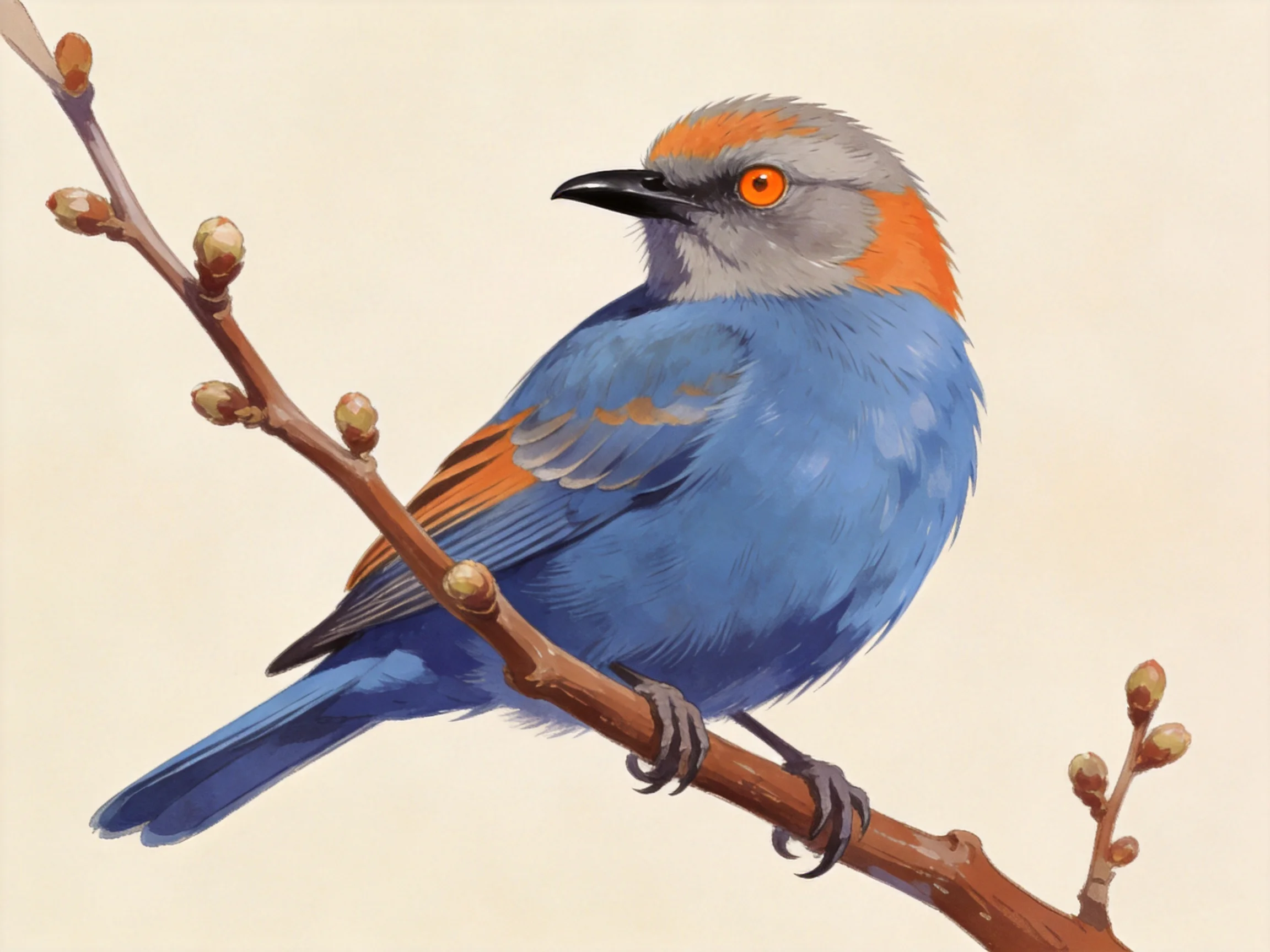 A vibrant blue bird with orange markings perches on a budding branch