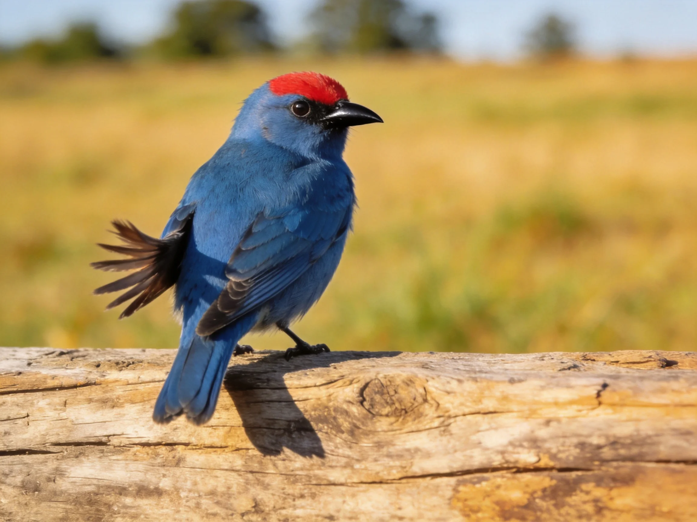 A vibrant blue bird with red crown perches on a weathered wooden log