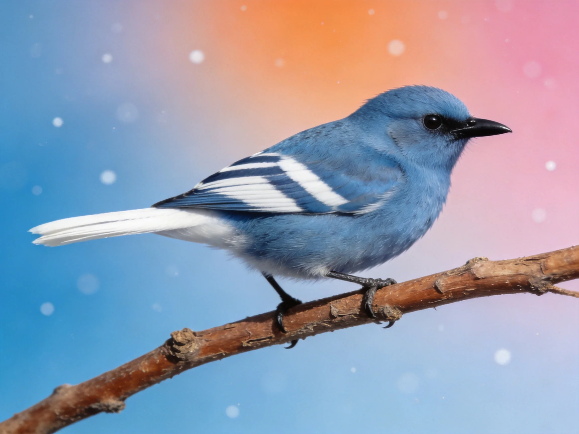 A vibrant blue bird with white wing stripes perches on a brown branch