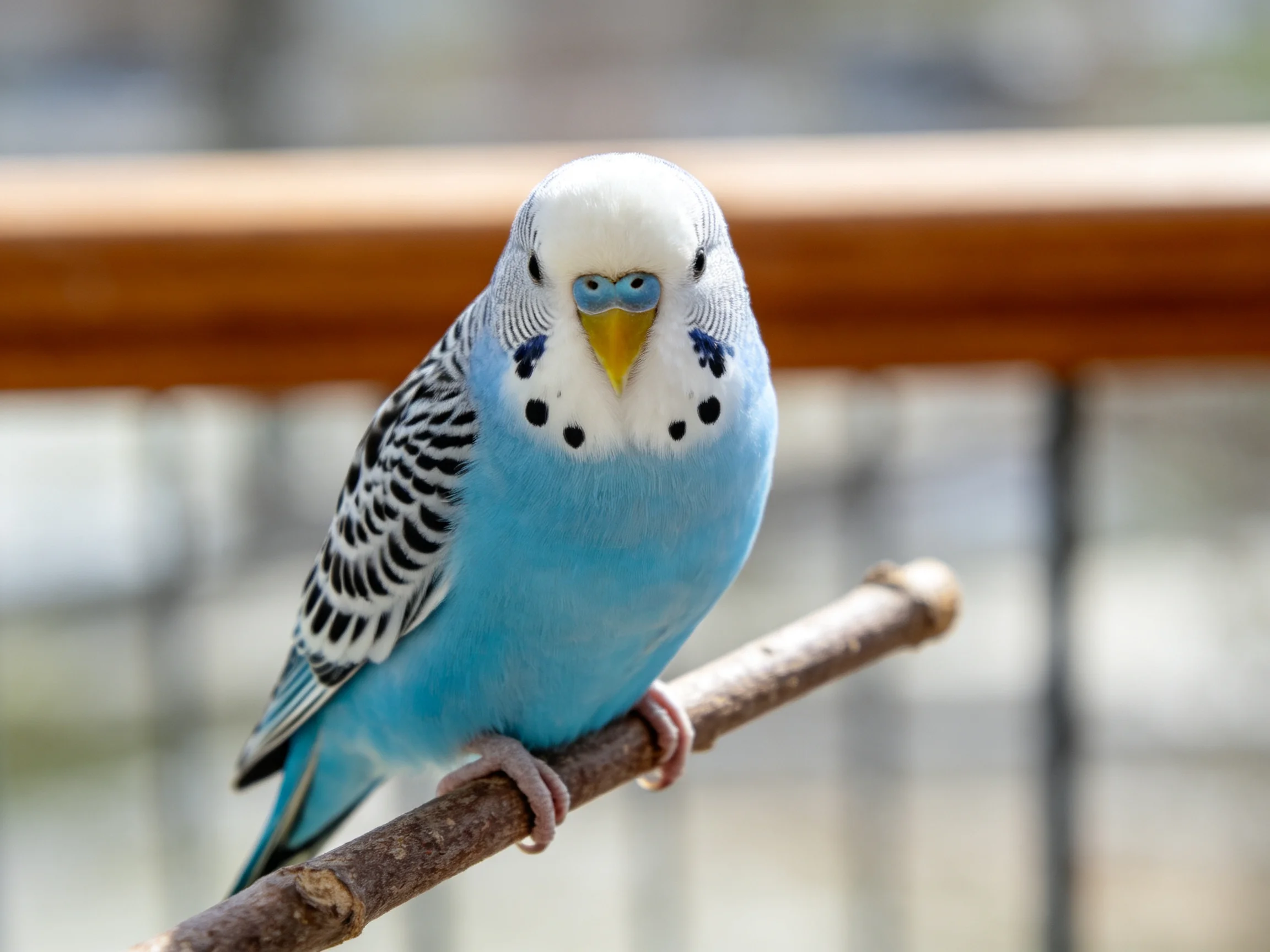 A vibrant blue budgie perched on a wooden branch