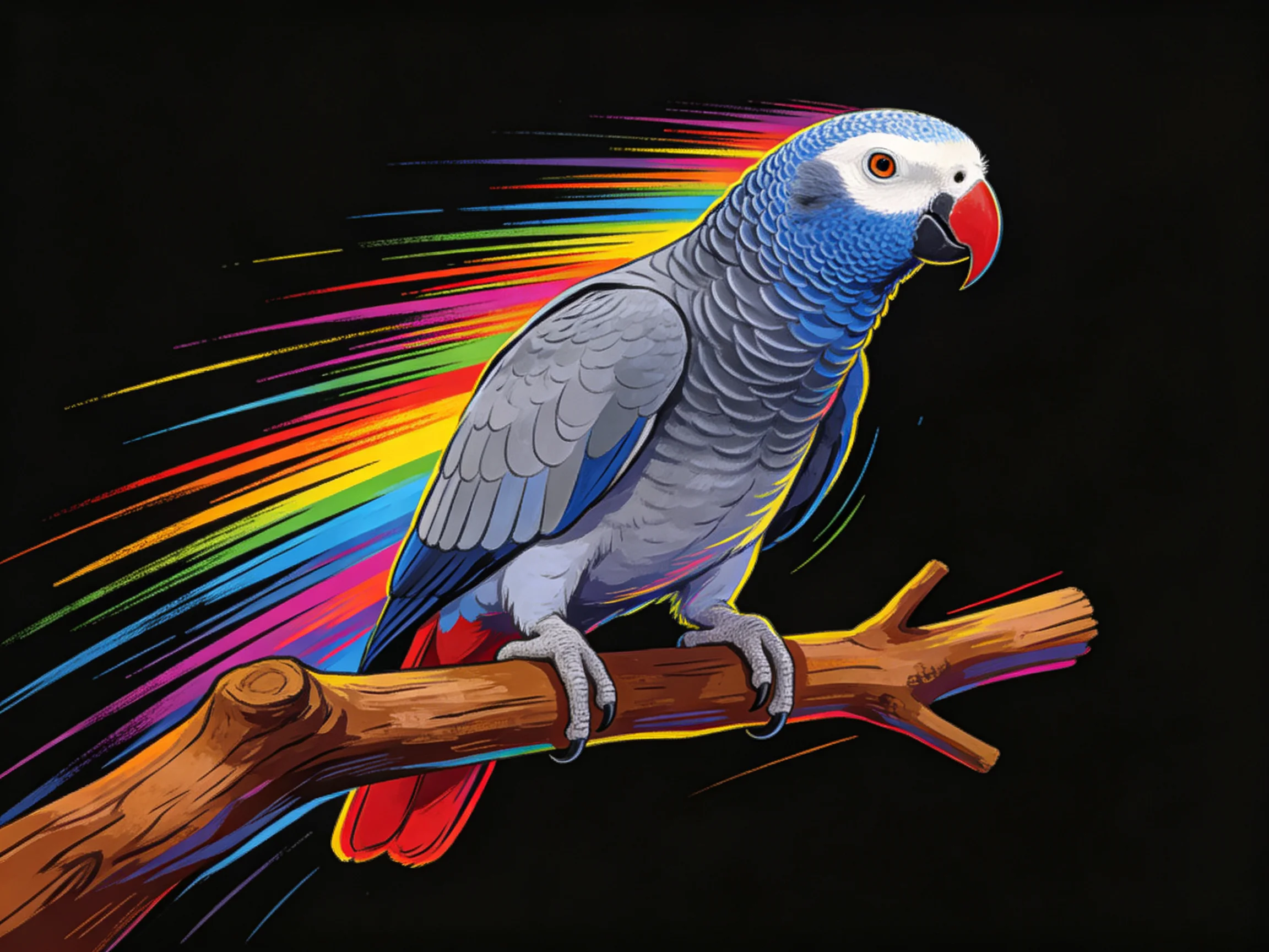 A vibrant blue-gray parrot perched on a wooden branch with rainbow-colored streaks