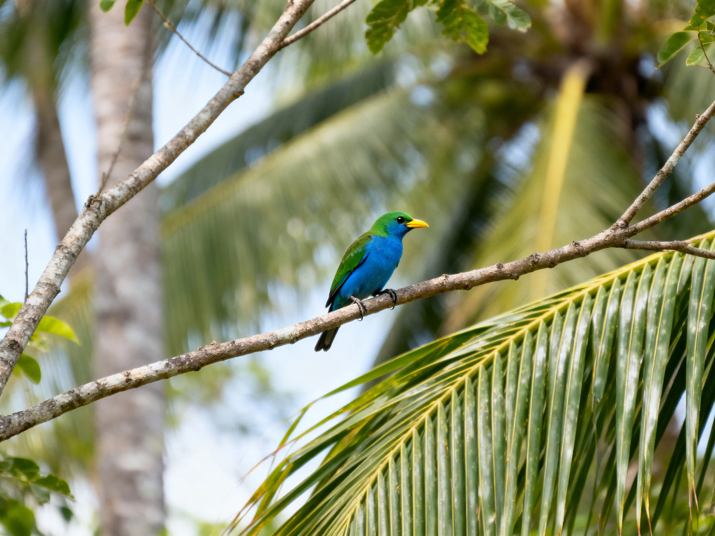 A vibrant blue-green bird perches on a tree branch near palm fronds