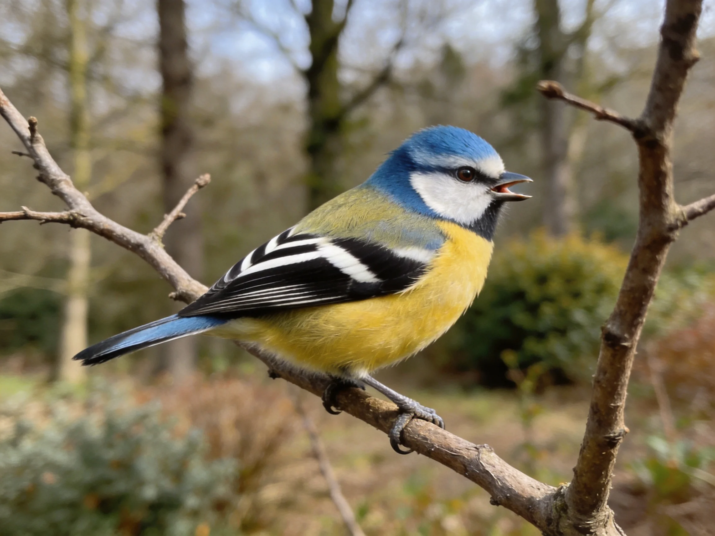 A vibrant blue-headed bird perched on a bare tree branch