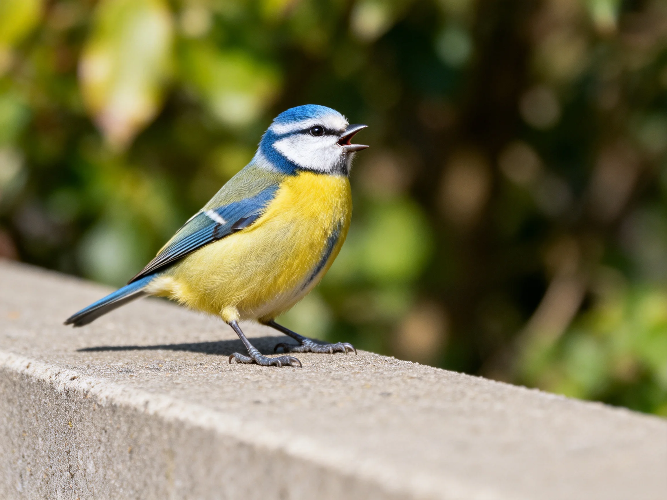 A vibrant blue-headed bird perched on a concrete ledge