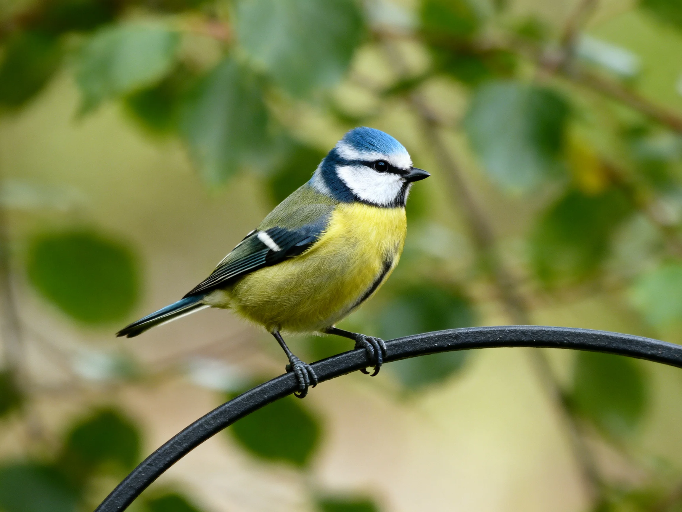 A vibrant blue-headed bird perched on a curved metal branch