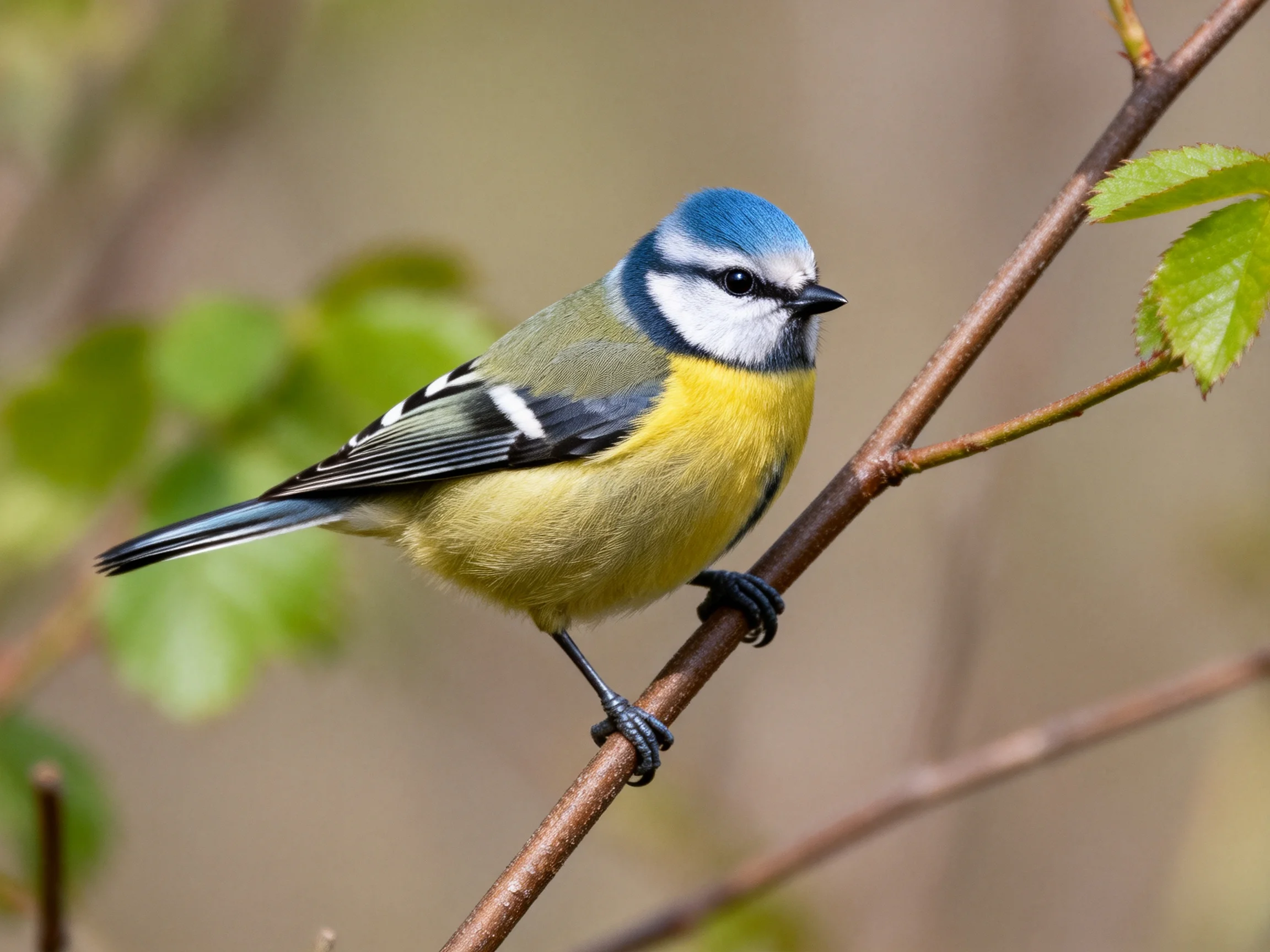 A vibrant blue-headed bird perched on a slender branch