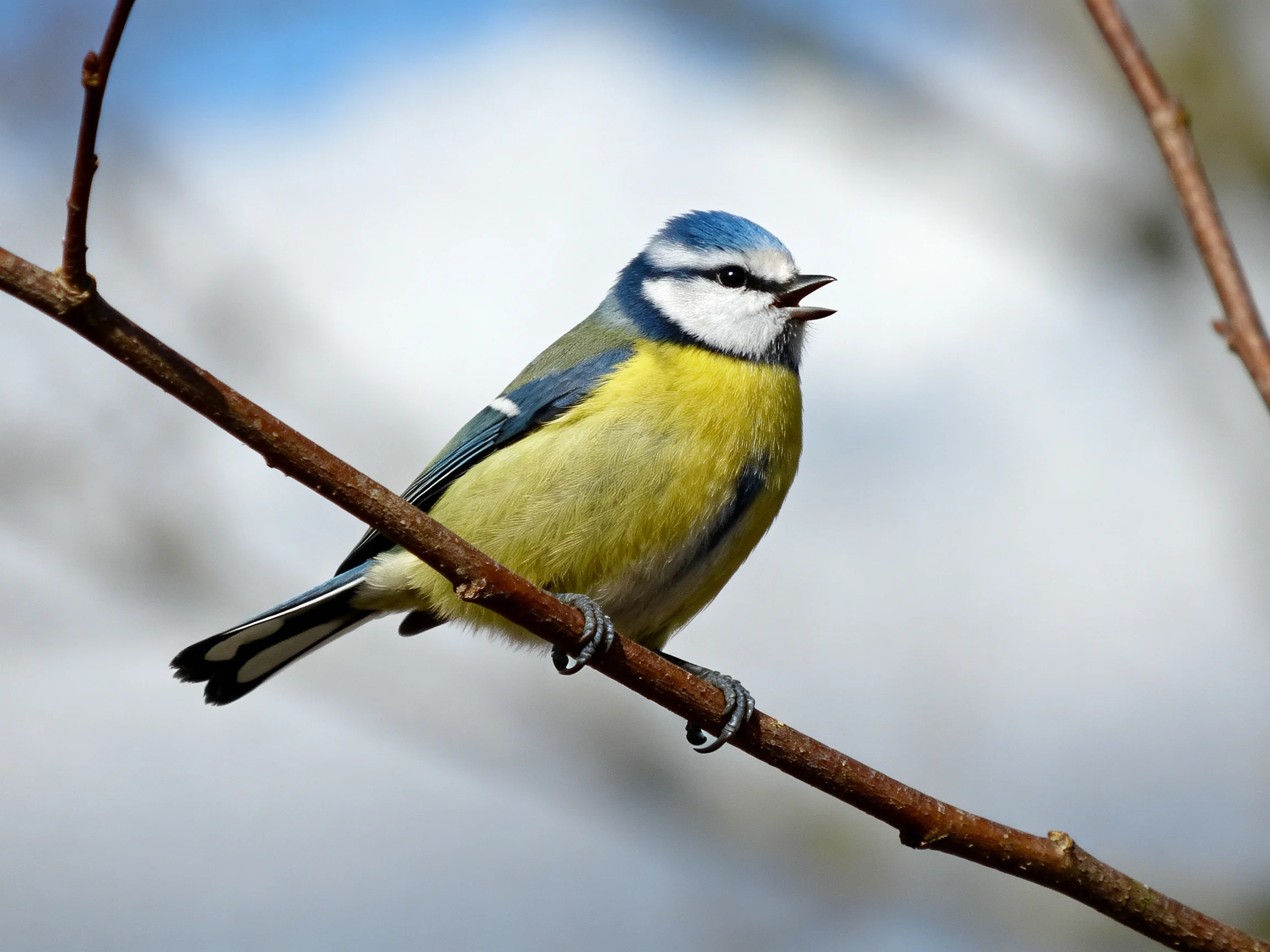 A vibrant blue-headed bird perched on a slender brown branch
