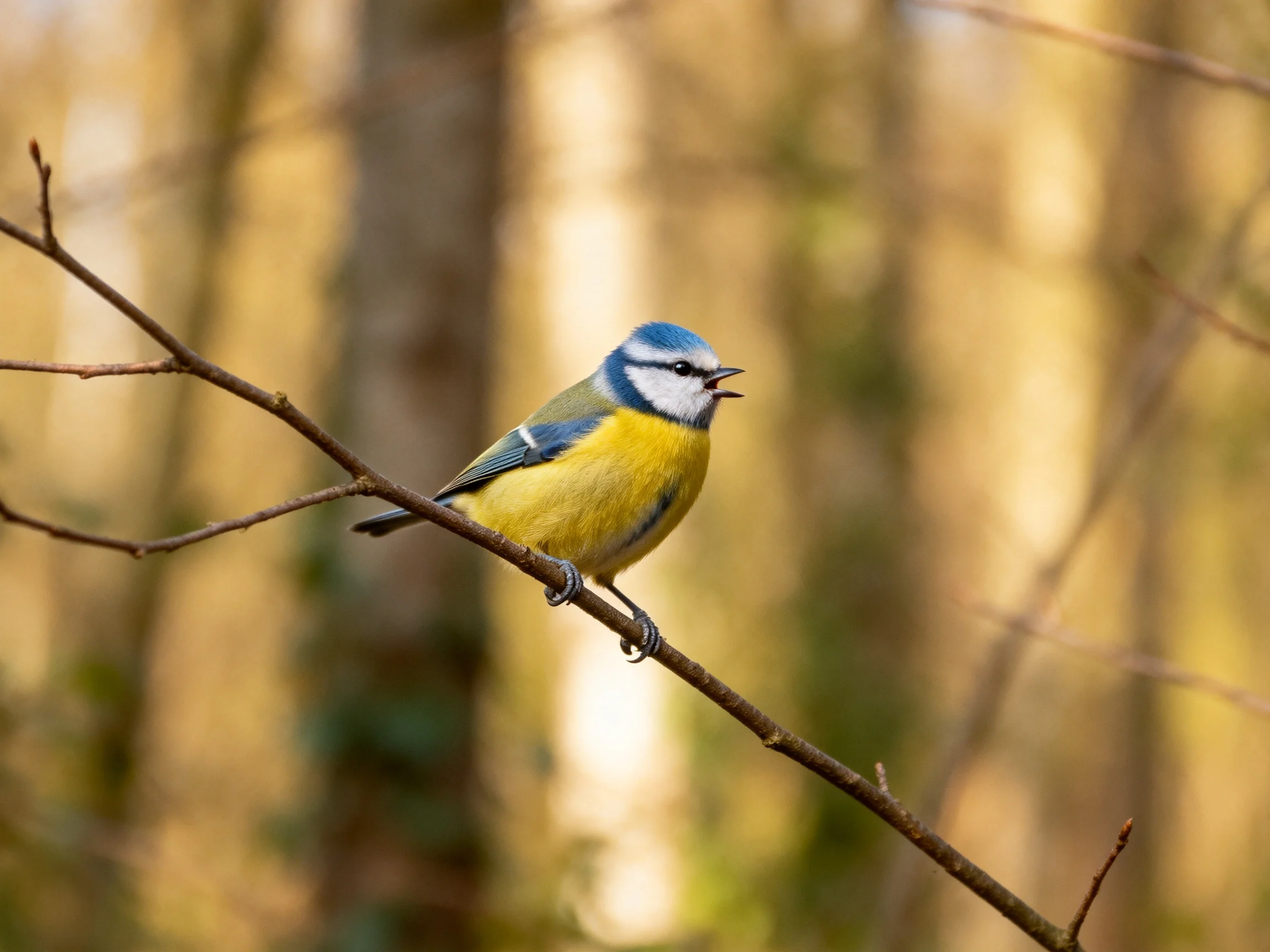 A vibrant blue-headed bird perched on a slender tree branch