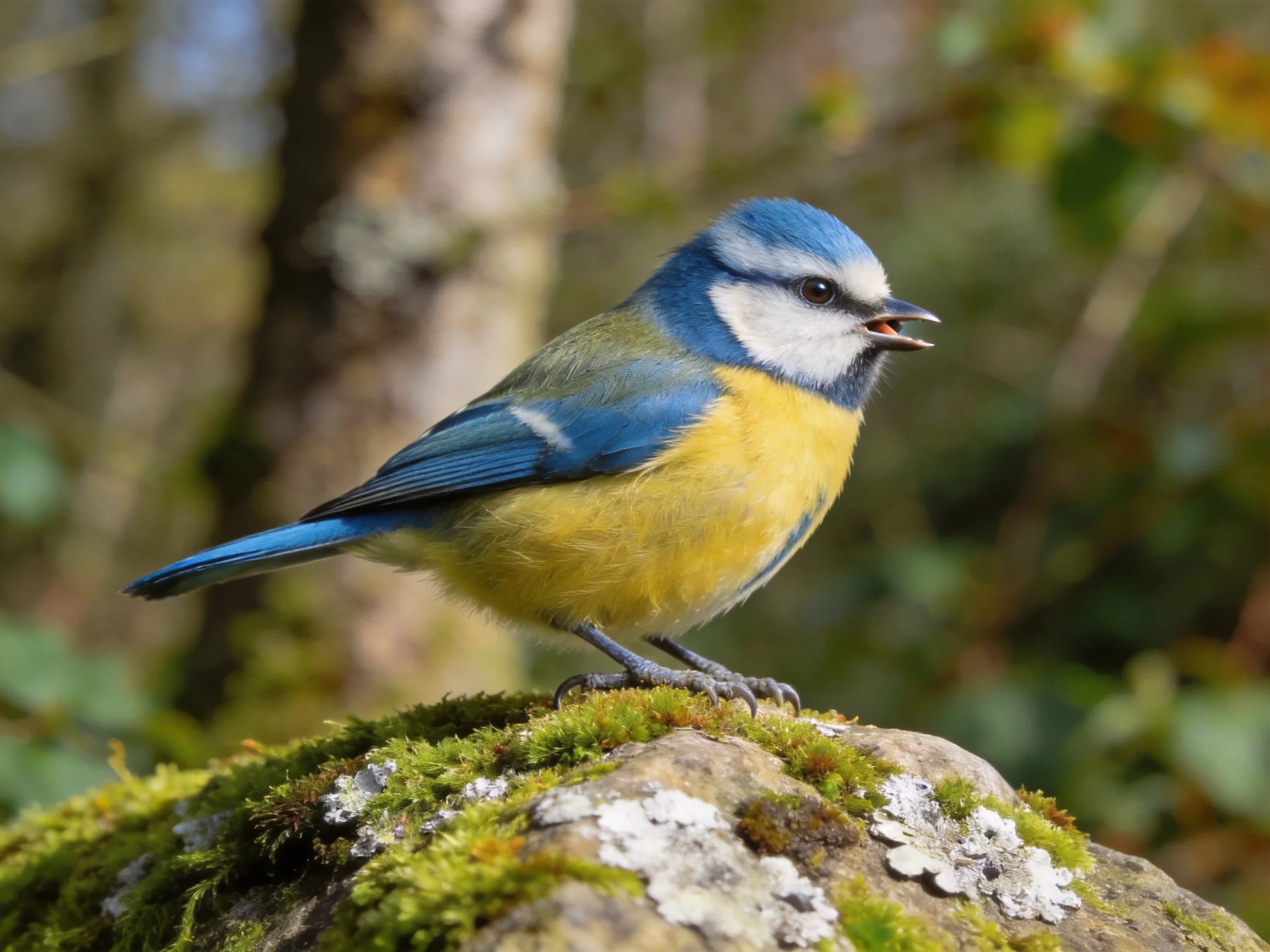 A vibrant blue-headed bird perched on moss-covered rock
