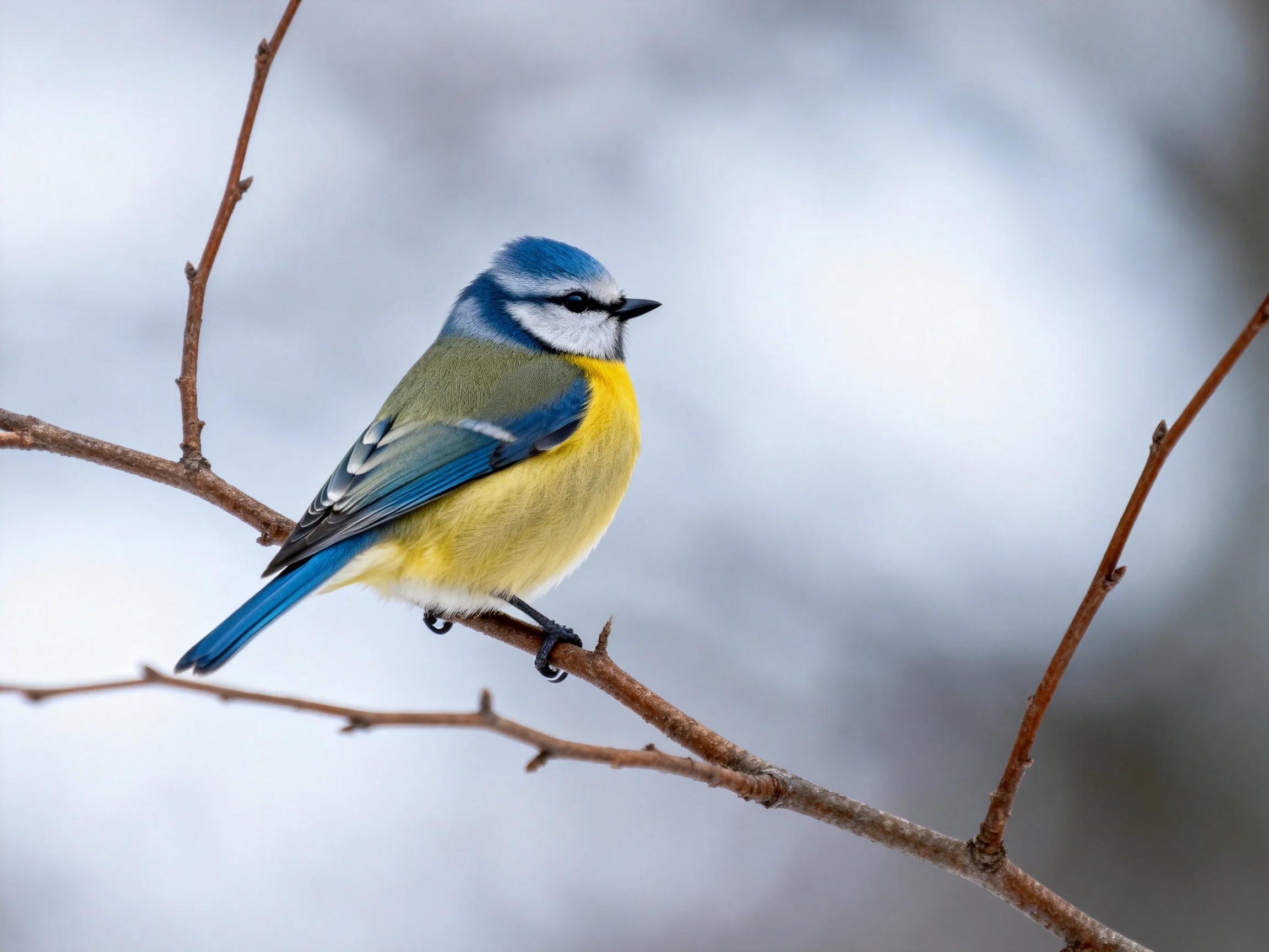A vibrant blue-headed bird perches on a bare branch