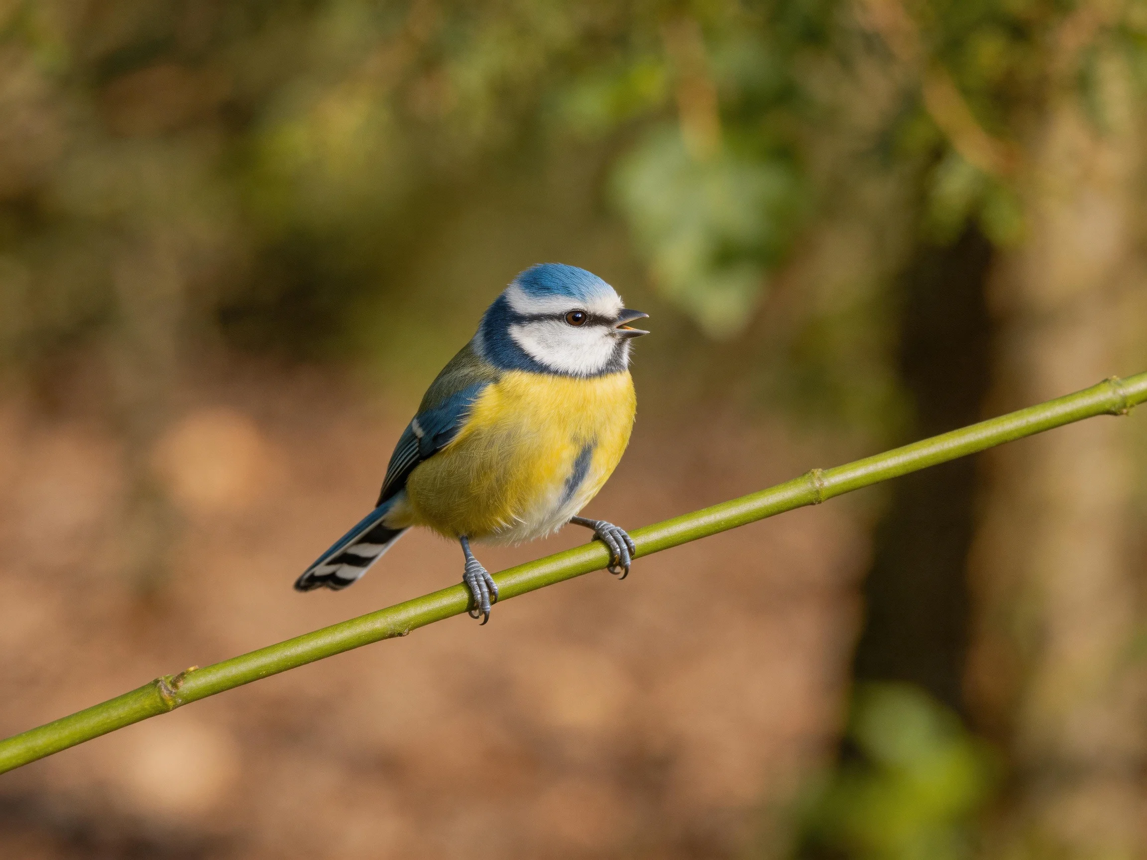 A vibrant blue-headed bird perches on a slender green branch