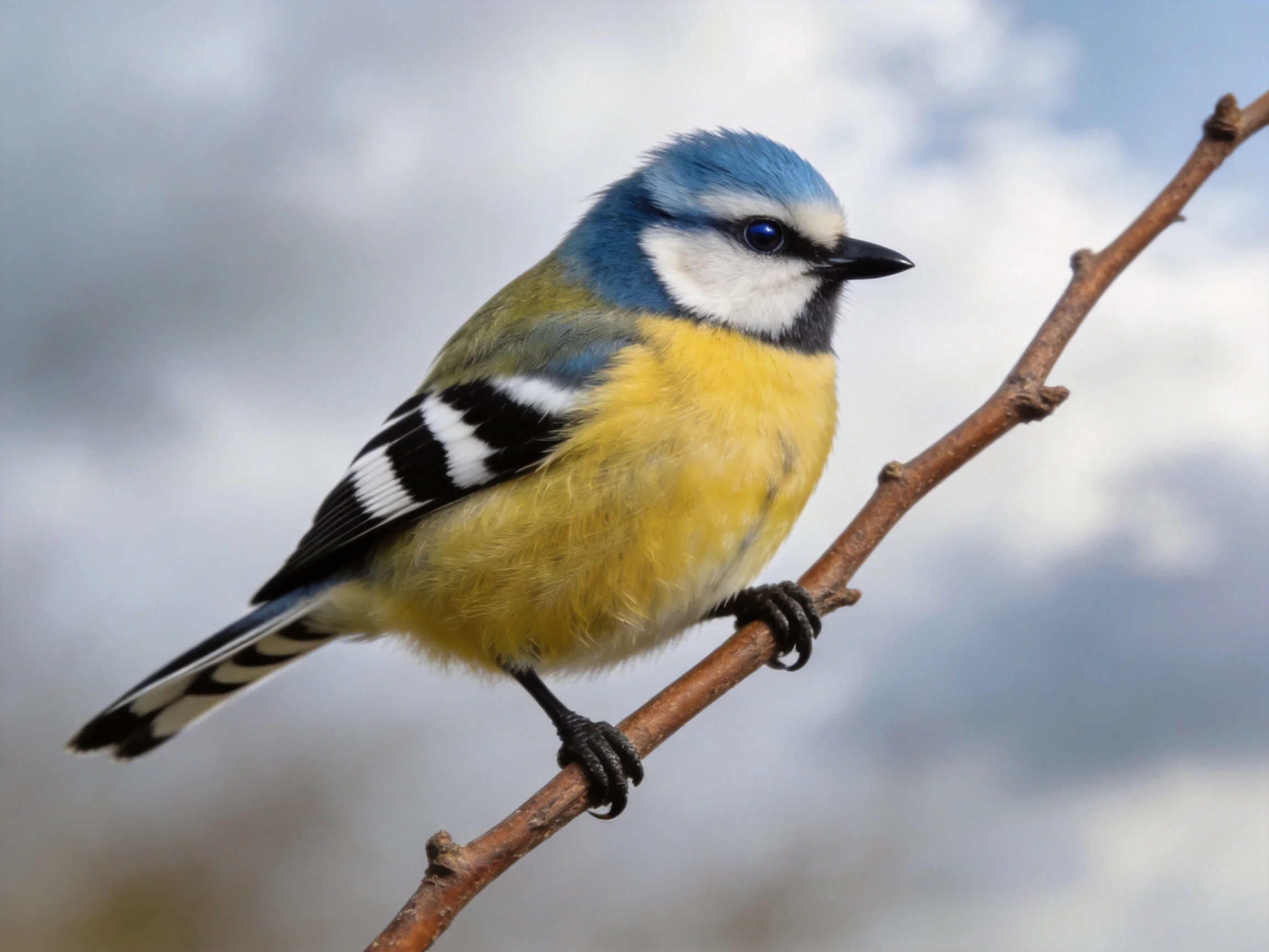 A vibrant blue-headed bird with yellow chest perches on a thin branch