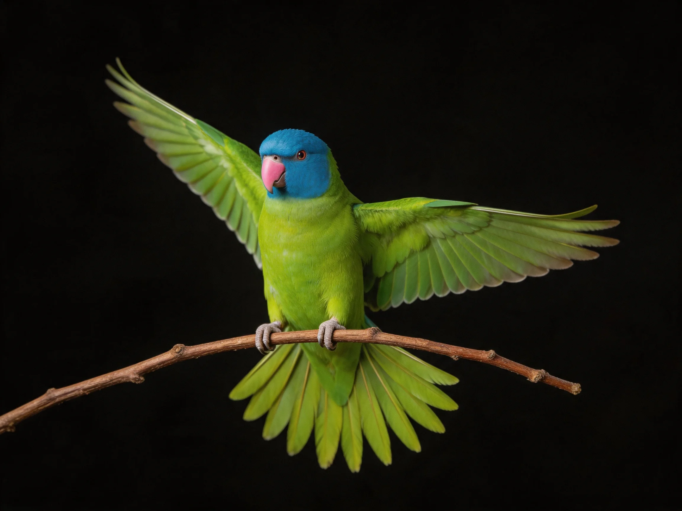 A vibrant blue-headed green parrot spreads wings on a brown branch