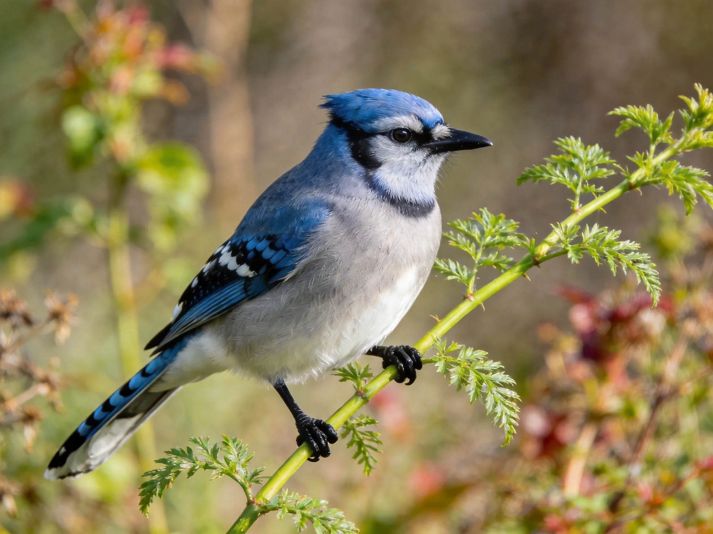 A blue jay with colorful plumage rests on a green branch.