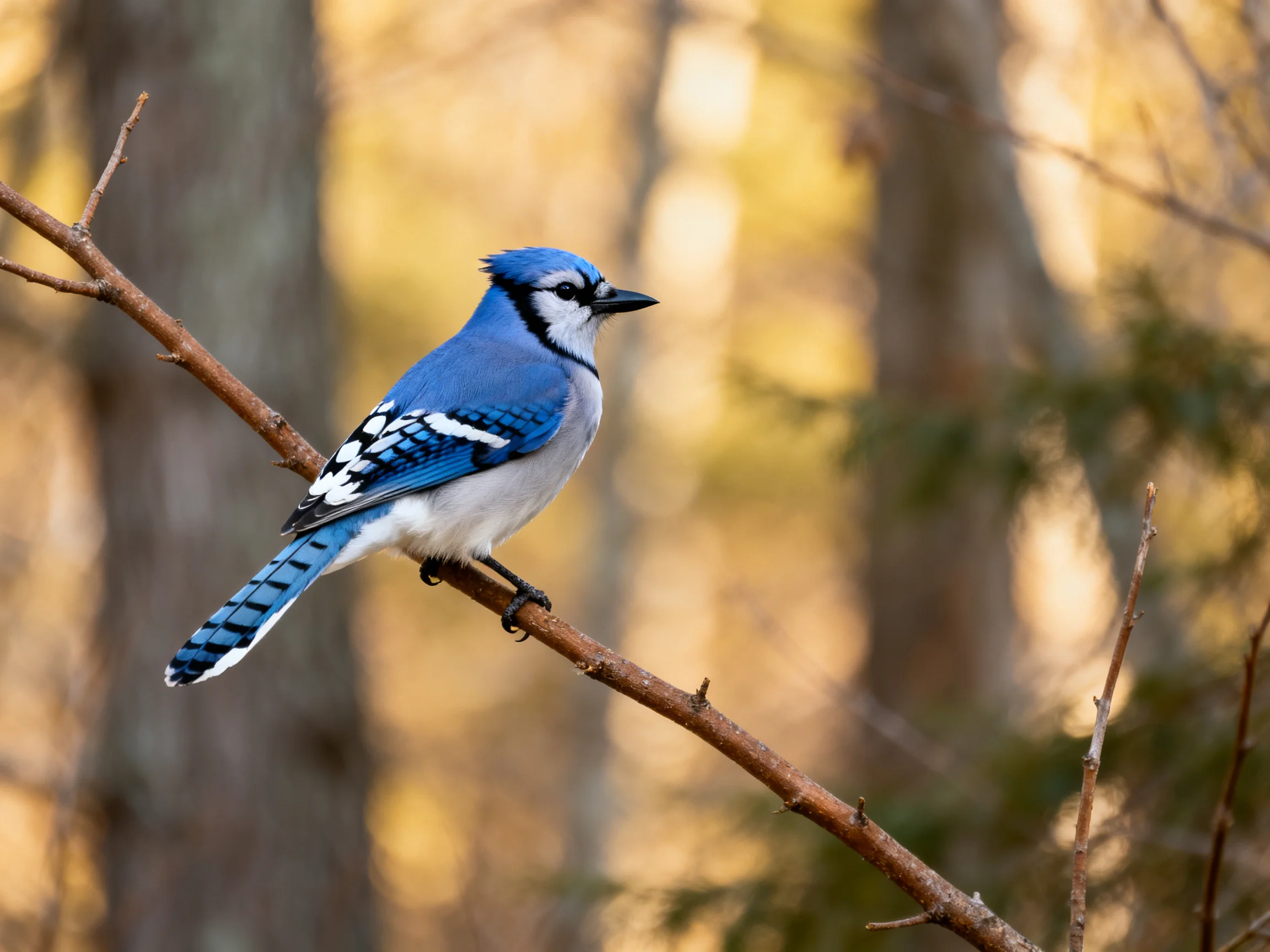 A vibrant blue jay perched on a slender brown tree branch