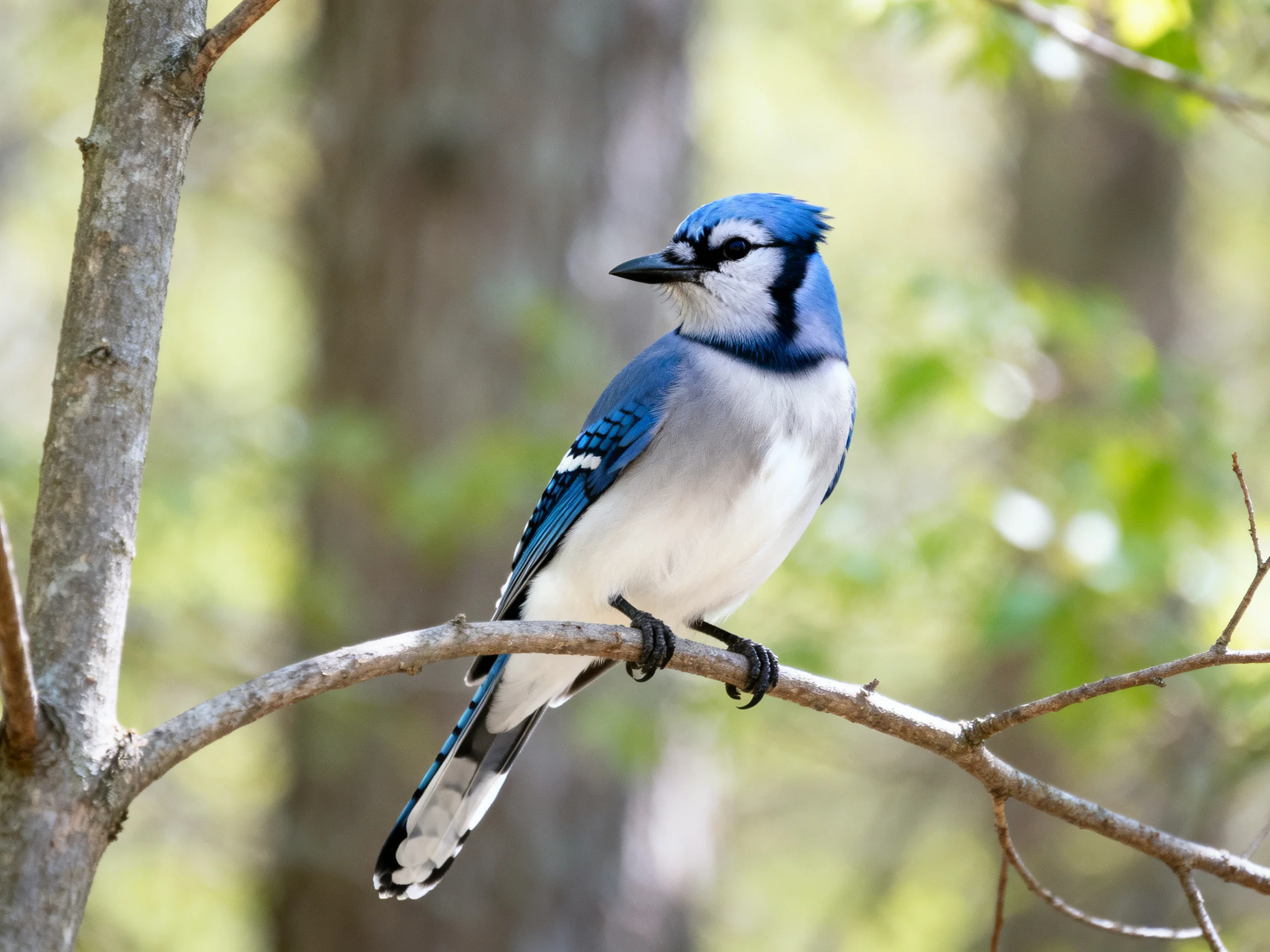 A vibrant blue jay perched on a slender tree branch