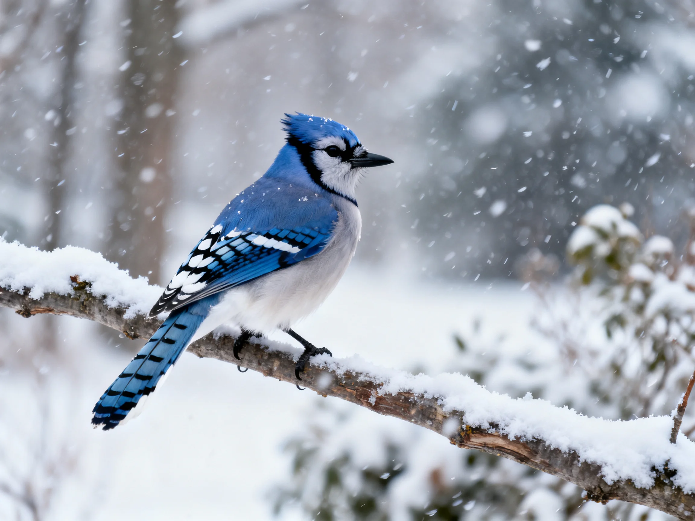 A vibrant blue jay perched on a snow-covered branch in a snowy landscape